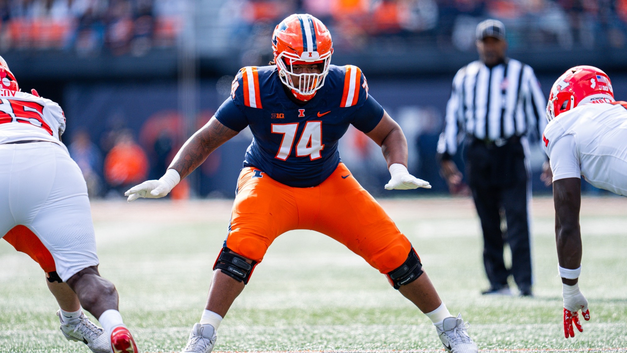 CHAMPAIGN, IL - November 1, 2025 - Offensive Lineman J.C. Davis (#74) during the game between the Rutgers Scarlet Knights and the Illinois Fighting Illini at Gies Memorial Stadium in Champaign, IL. Photo By Pat Pierson/Fighting Illini