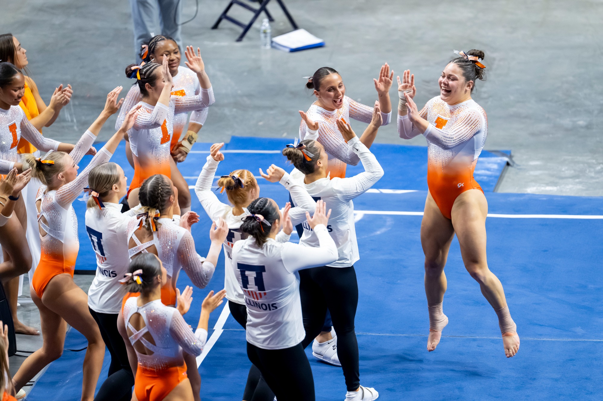 CHAMPAIGN, IL - February 22, 2026 - The meet between the UCLA Bruins and the Illinois Fighting Illini at State Farm Center in Champaign, IL