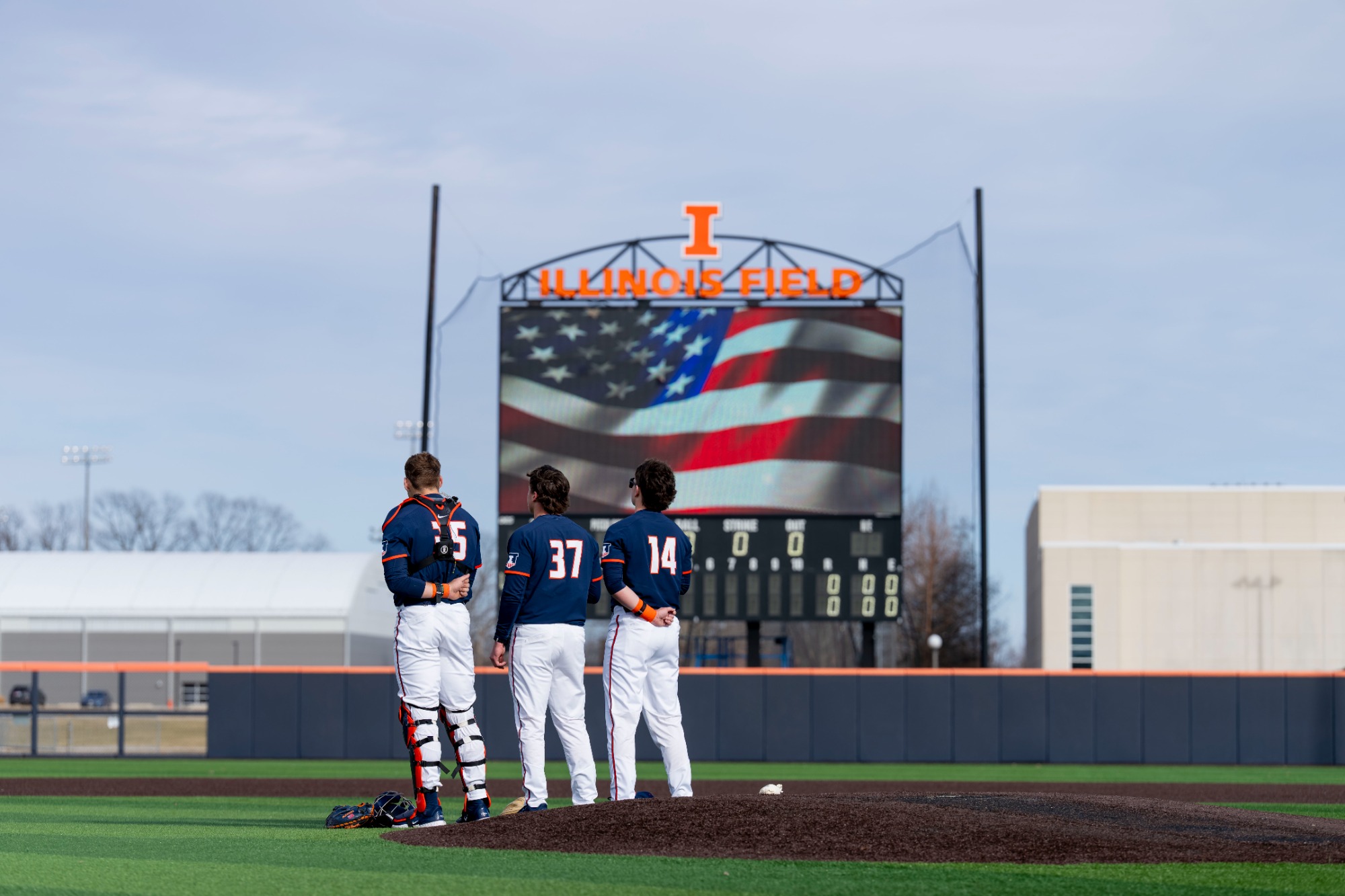 CHAMPAIGN, IL - February 25, 2026 - Catcher / First Baseman Will Johannes (#35), Right Handed Pitcher Sam Mommer (#37), Infielder AJ Putty (#14) during the game between the Lindenwood Lions and the Illinois Fighting Illini at Illinois Field in Champaign, IL. Photo By Ashley Ray/Fighting Illini