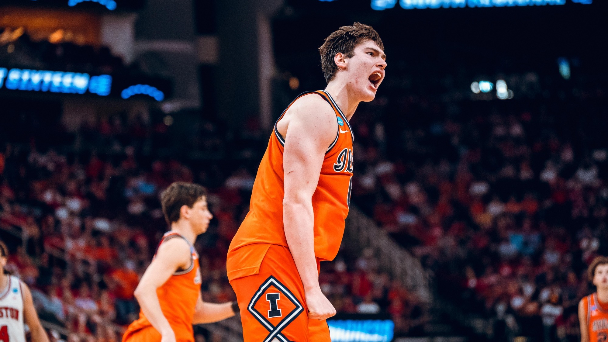 Image Taken At NCAA Tournament Sweet Sixteen Media and Practice, Toyota Center, Houston, TX, Thursday, March 26, 2026. Courtney Bay/Illinois Athletics