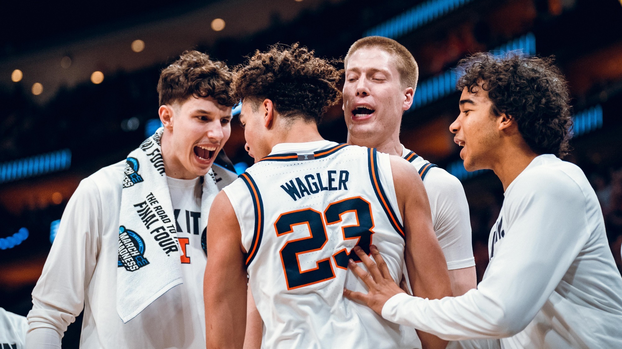 Image Taken At Illinois Fighting Illini vs. Iowa Hawkeyes Men’s Basketball Game, NCAA Tournament Elite Eight, Toyota Center, Houston, TX, Saturday, March 28, 2026. Courtney Bay/Illinois Athletics