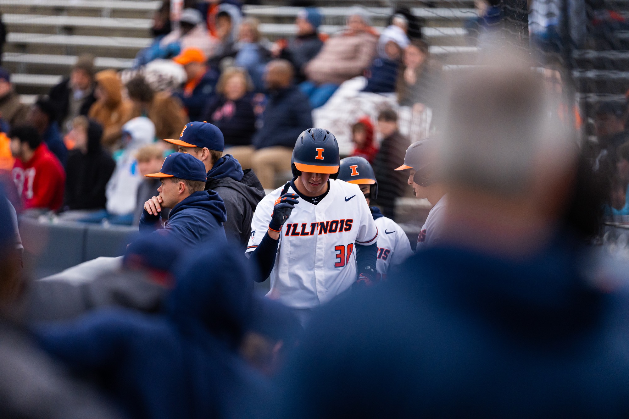 CHAMPAIGN, IL - April 10, 2026 - Outfielder Collin Jennings (#38) during the game between the New Orleans Privateers and the Illinois Fighting Illini at Illinois Field in Champaign, IL. Photo By Lucas Sun