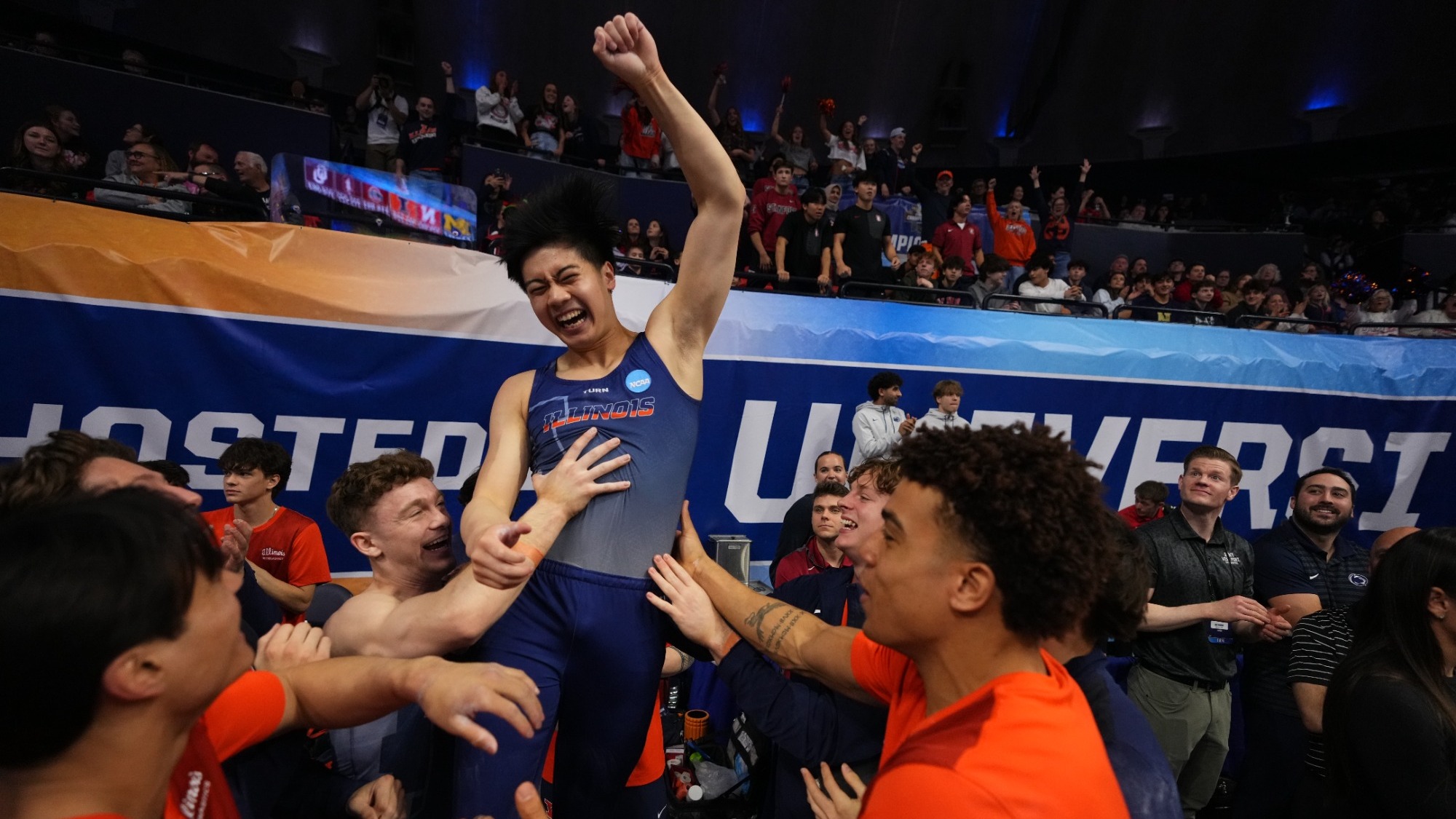 Brandon Dang NCAA Finals Team Celebration Pommel Horse Champion