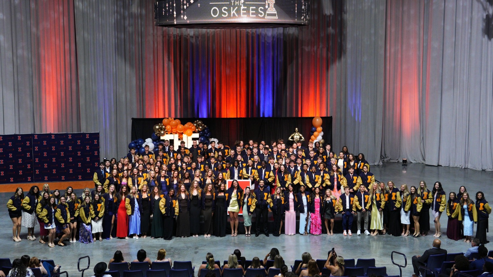 Jacket photo with first year letterwinners at the 2026 Oskees Banquet