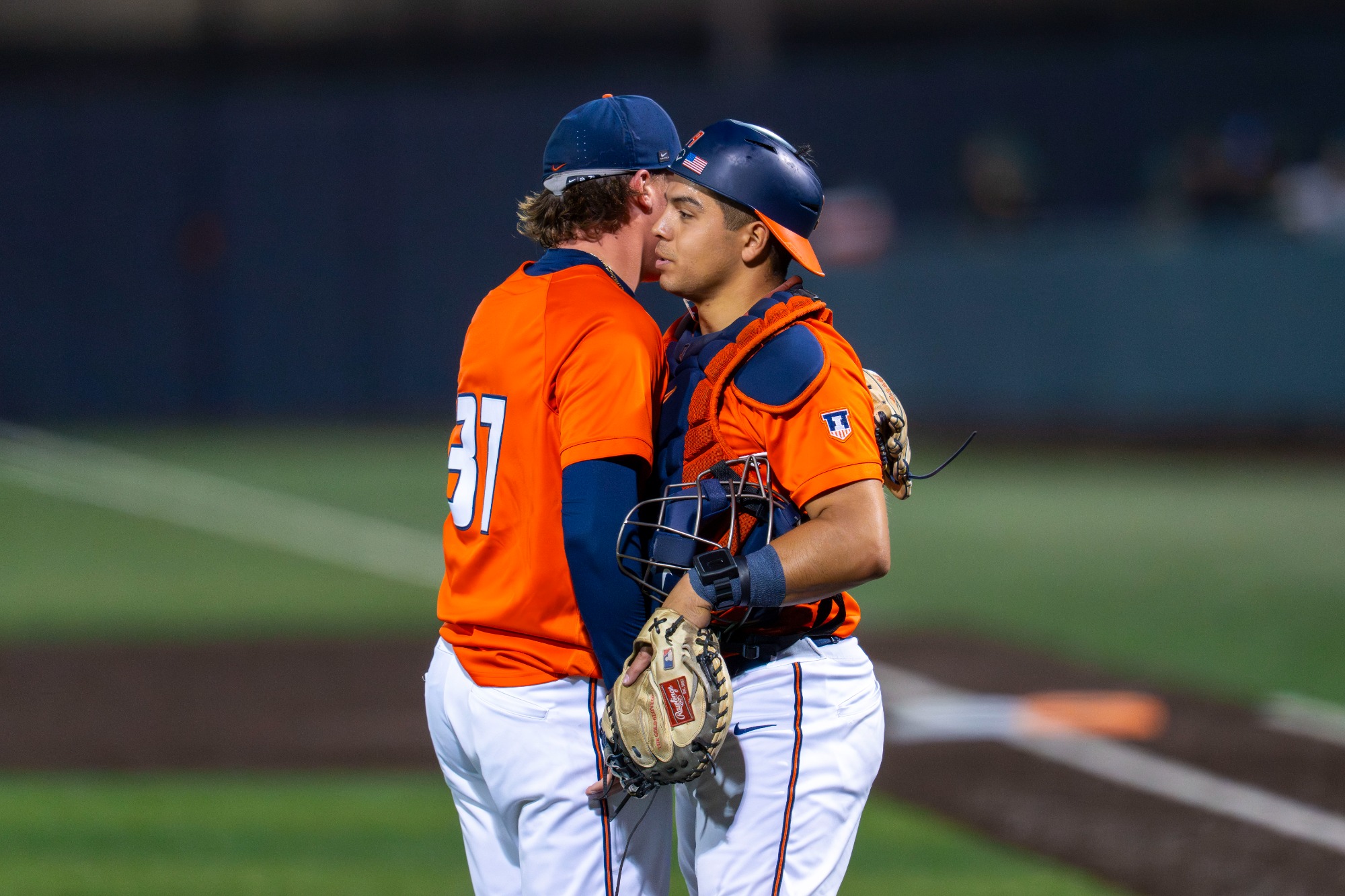 CHAMPAIGN, IL - April 28, 2026 - Right Handed Pitcher Sam Mommer (#37), Catcher Daniel Contreras (#19) during the game between the Roosevelt University Lakers and the Illinois Fighting Illini at Illinois Field in Champaign, IL. Photo By Ashley Ray/Fighting Illini