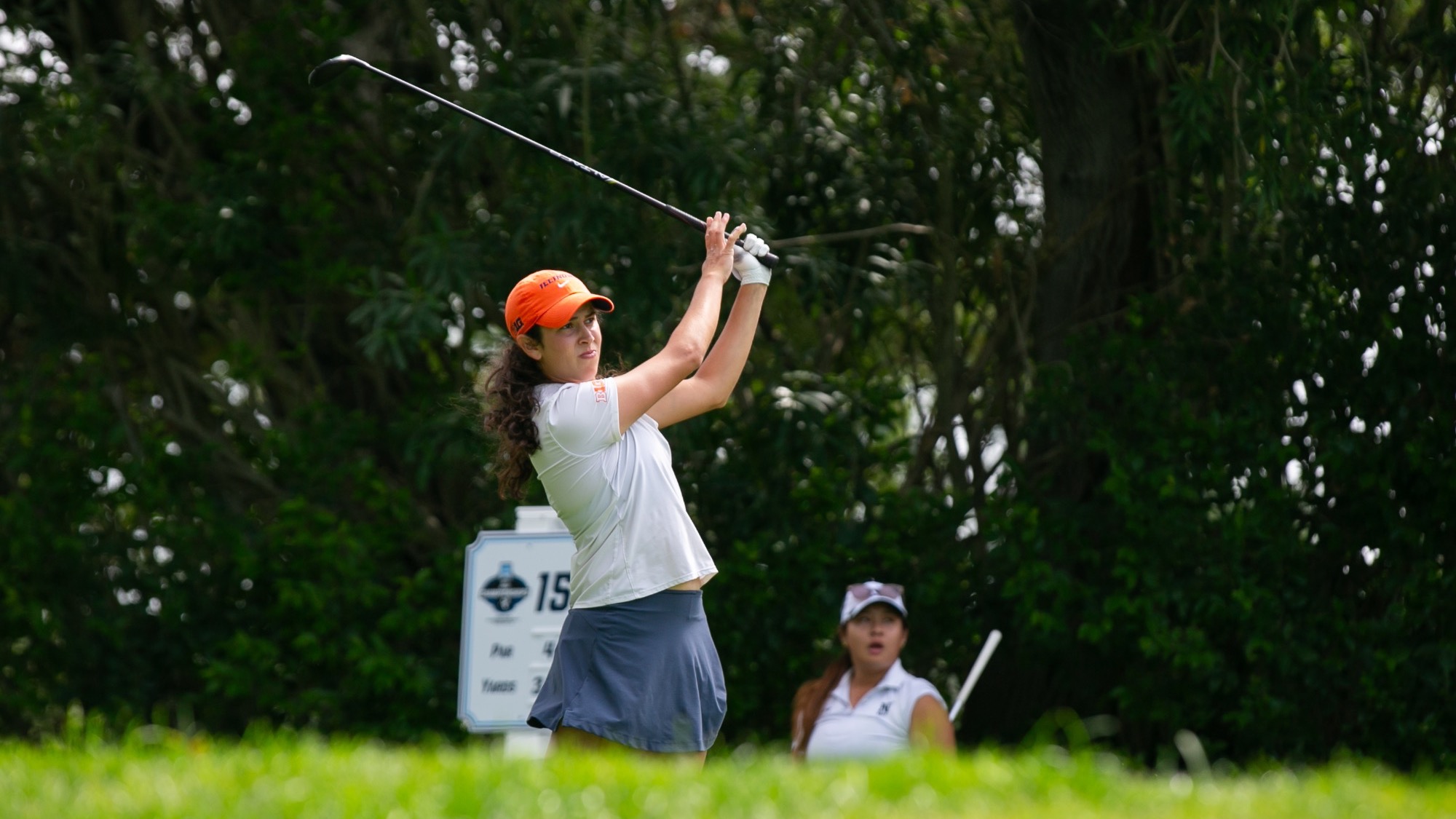 Alexis Myers watching her shot at the NCAA Stanford Regional at the Stanford Golf Course in Stanford, California.