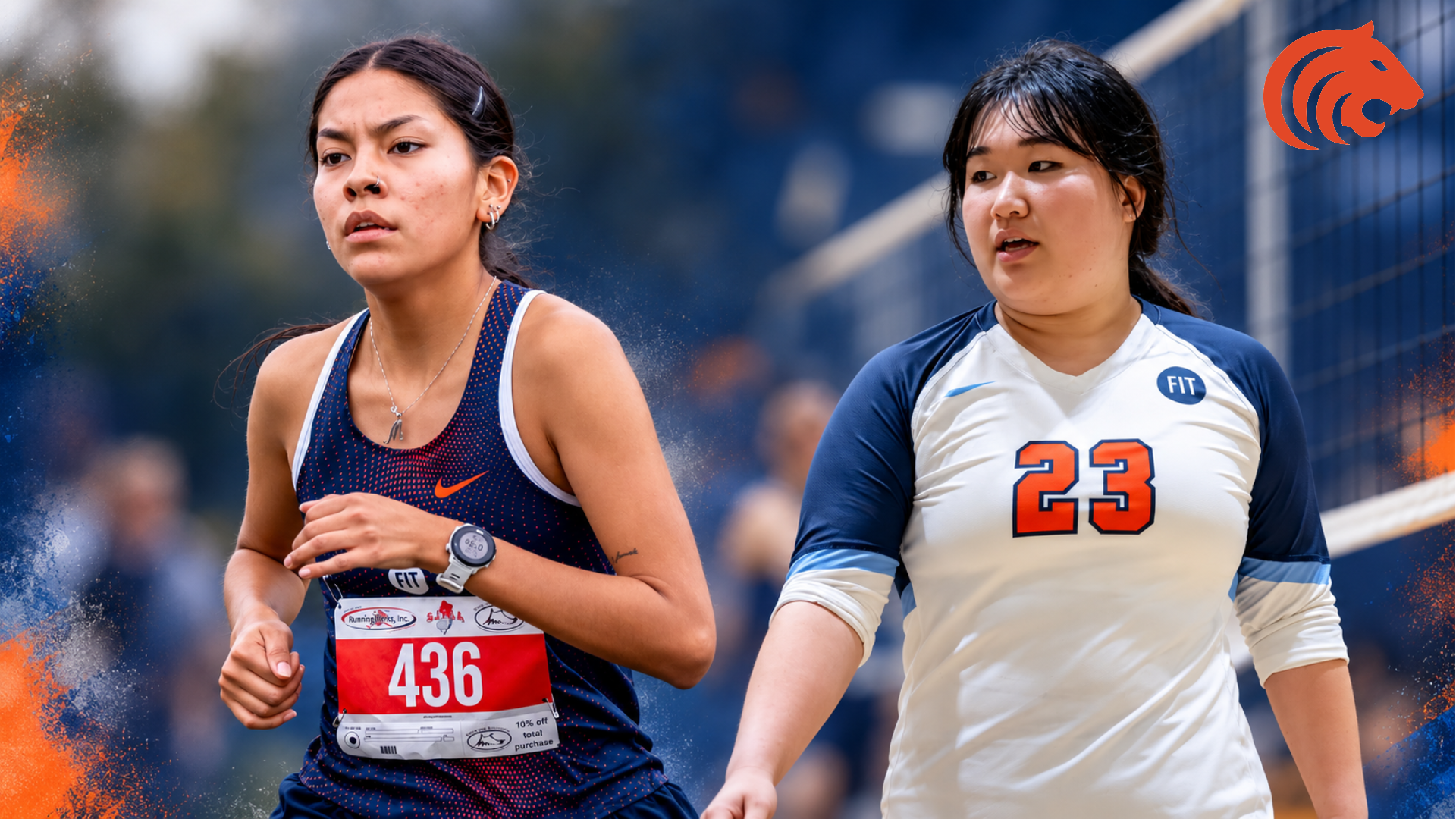 Two Fashion Institute of Technology (FIT) student-athletes featured in a composite graphic: a cross-country runner wearing a navy uniform and race bib number 436 on the left, and a volleyball player wearing a white and navy jersey number 23 on the right. The athletes appear against a softly blurred blue background with orange accents and the FIT Tigers logo in the upper-right corner.