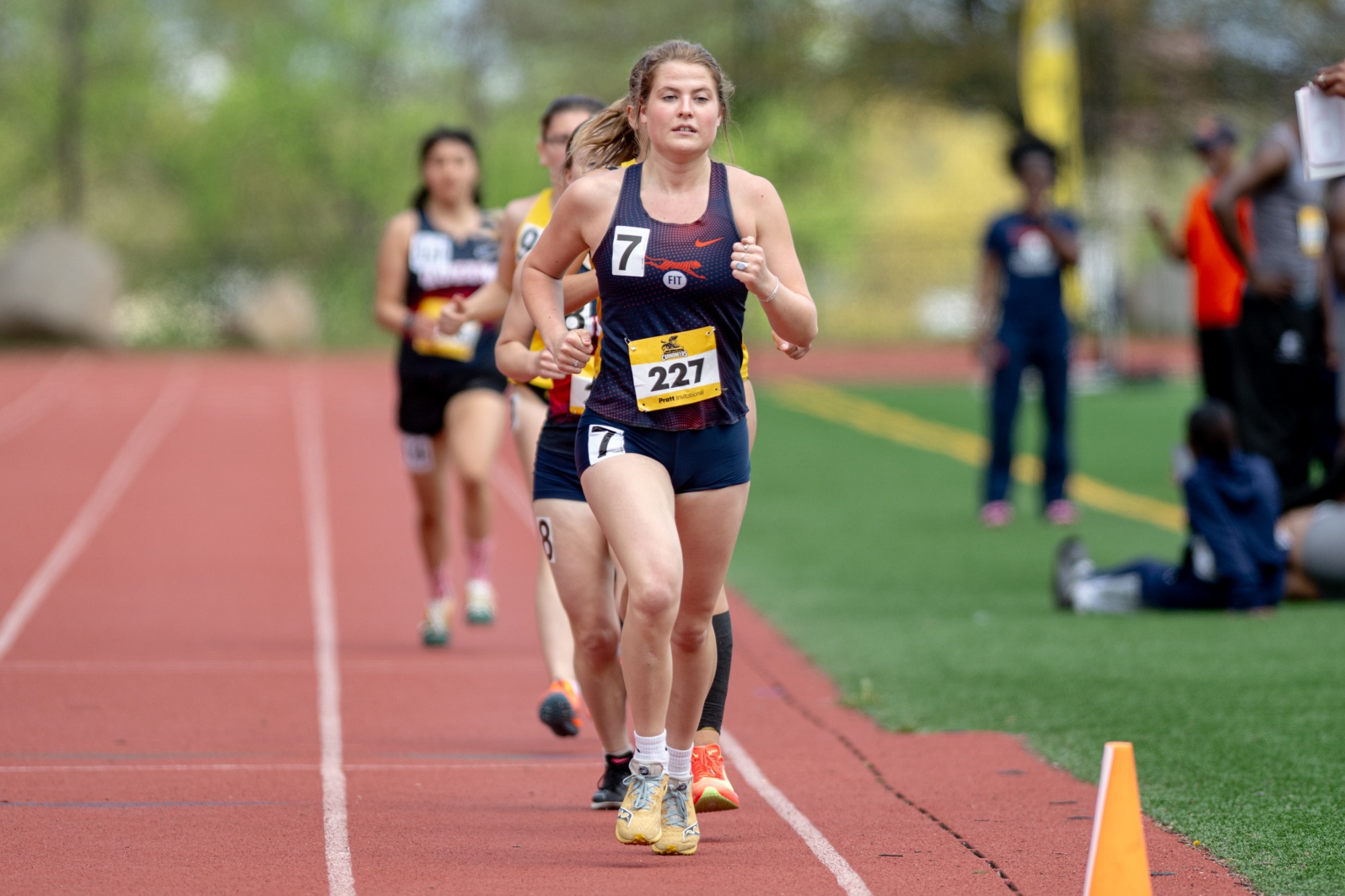 FIT track & field athlete Mikayla Numkena runs in the lead pack during a distance race at the 2026 NJCAA Division III Outdoor Track & Field National Championships in Utica, New York.