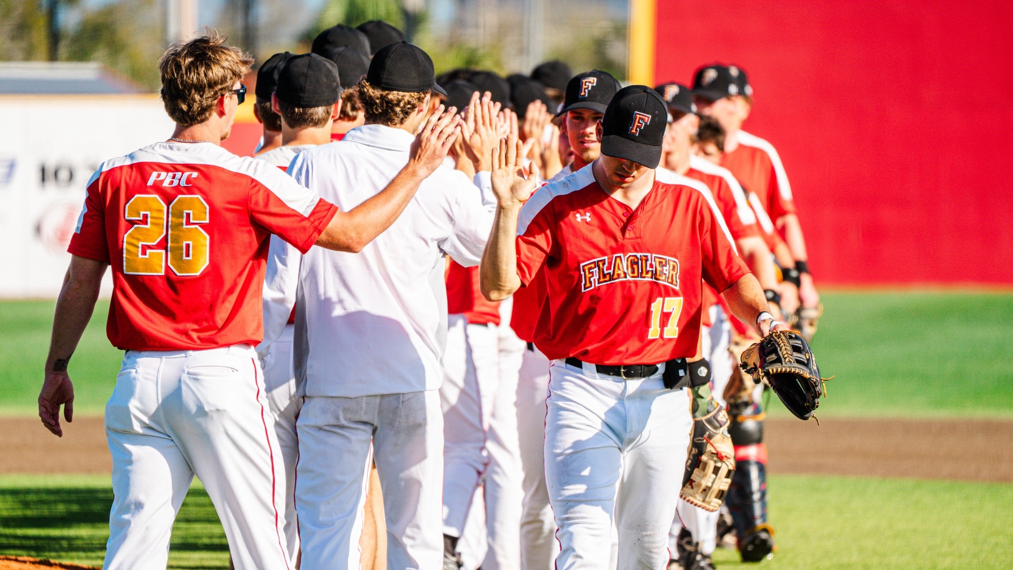 Baseball players giving high fives after a win