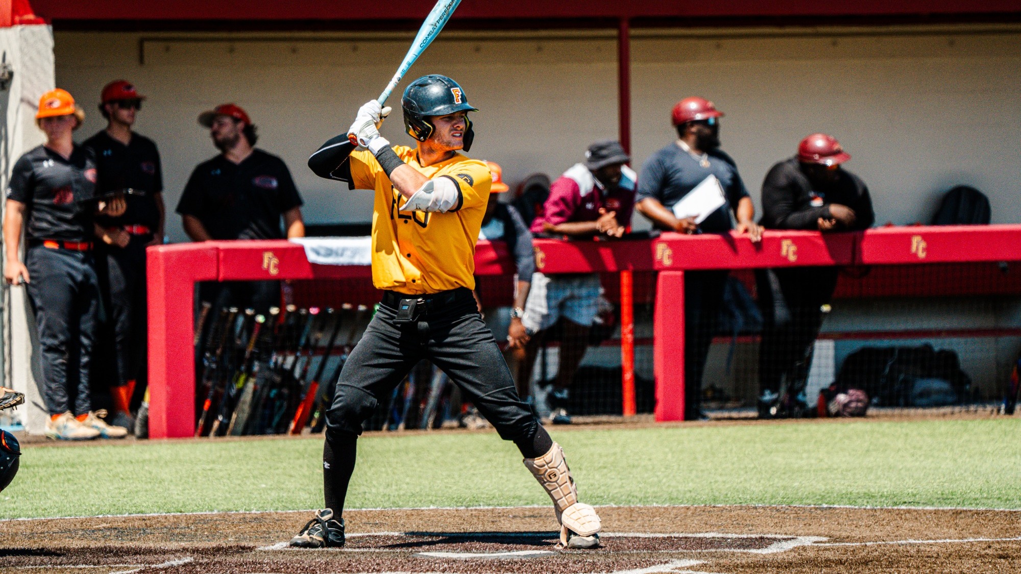 Holden Bradshaw holds the bat up high waiting for the pitch