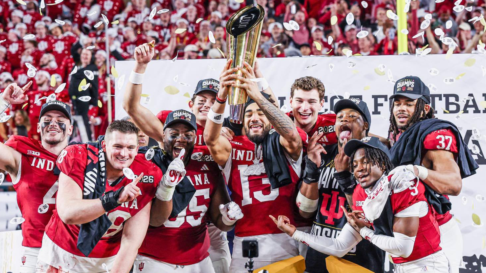 Indiana with the CFP Trophy after the 2025 season