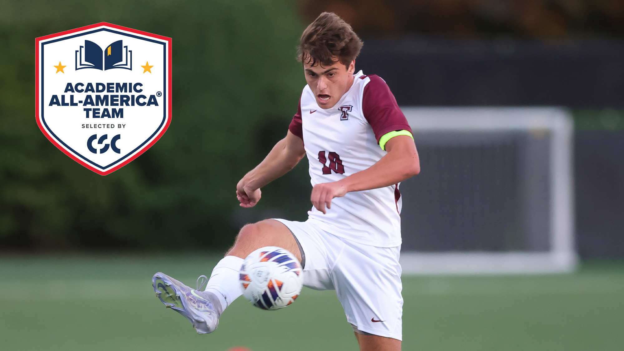 Danile D'Ippolito controls the ball with CSC Academic All-America logo in upper corner
