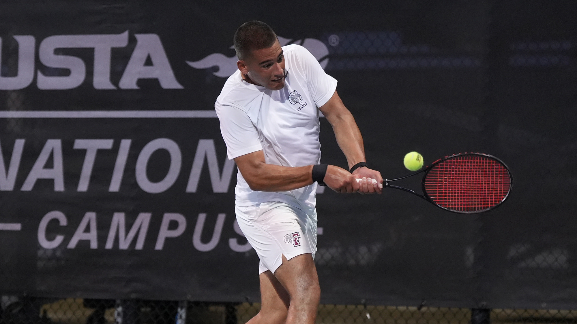Dhillon Virdee-Oakley hits a backhand vs. Davidson at the A-10 Championship