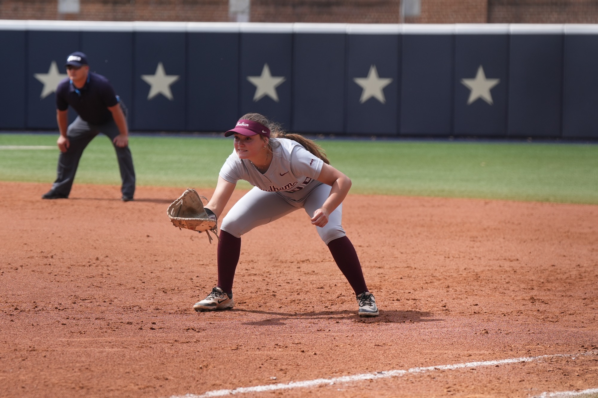 Eva Koratsis awaits the pitch from first base