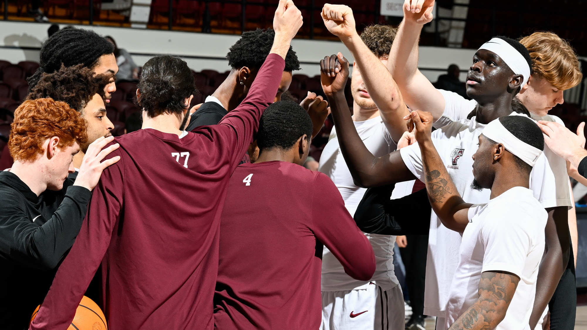 The Rams huddle prior to the La Salle game