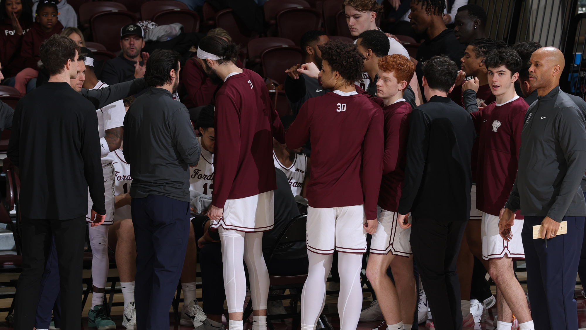 The Rams huddle prior to the Richmond game