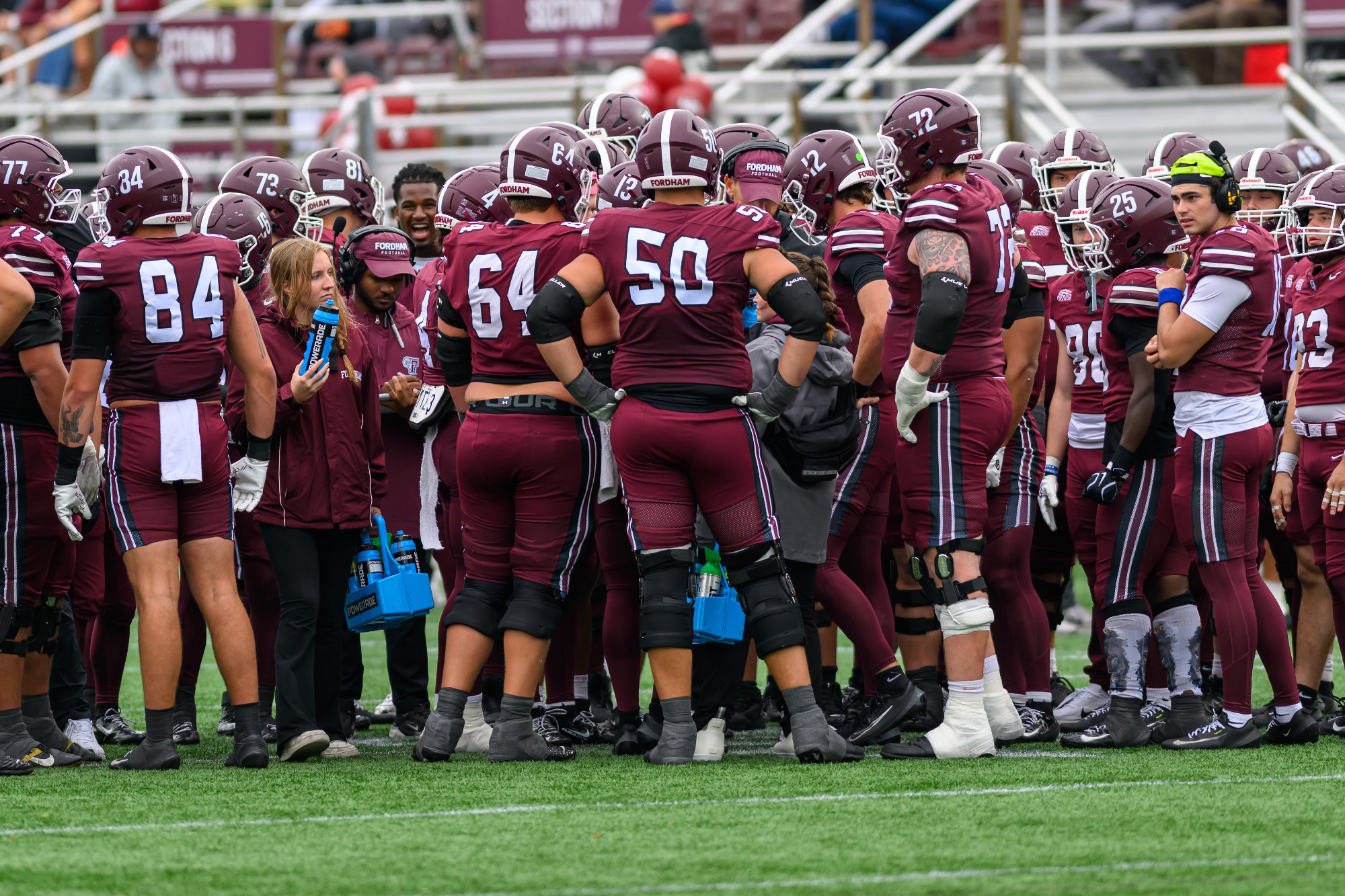 The Rams huddle during the Stony Brook game