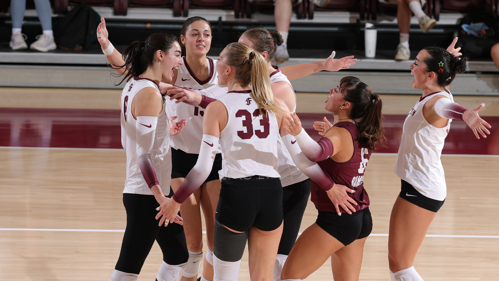 The Rams celebrate a point vs. Dayton