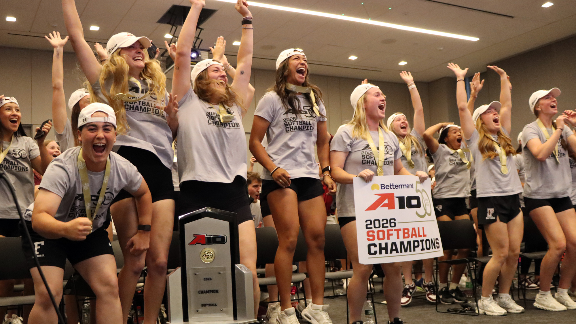 The Softball Rams celebrate being placed in the NCAA Fayetteville Regional