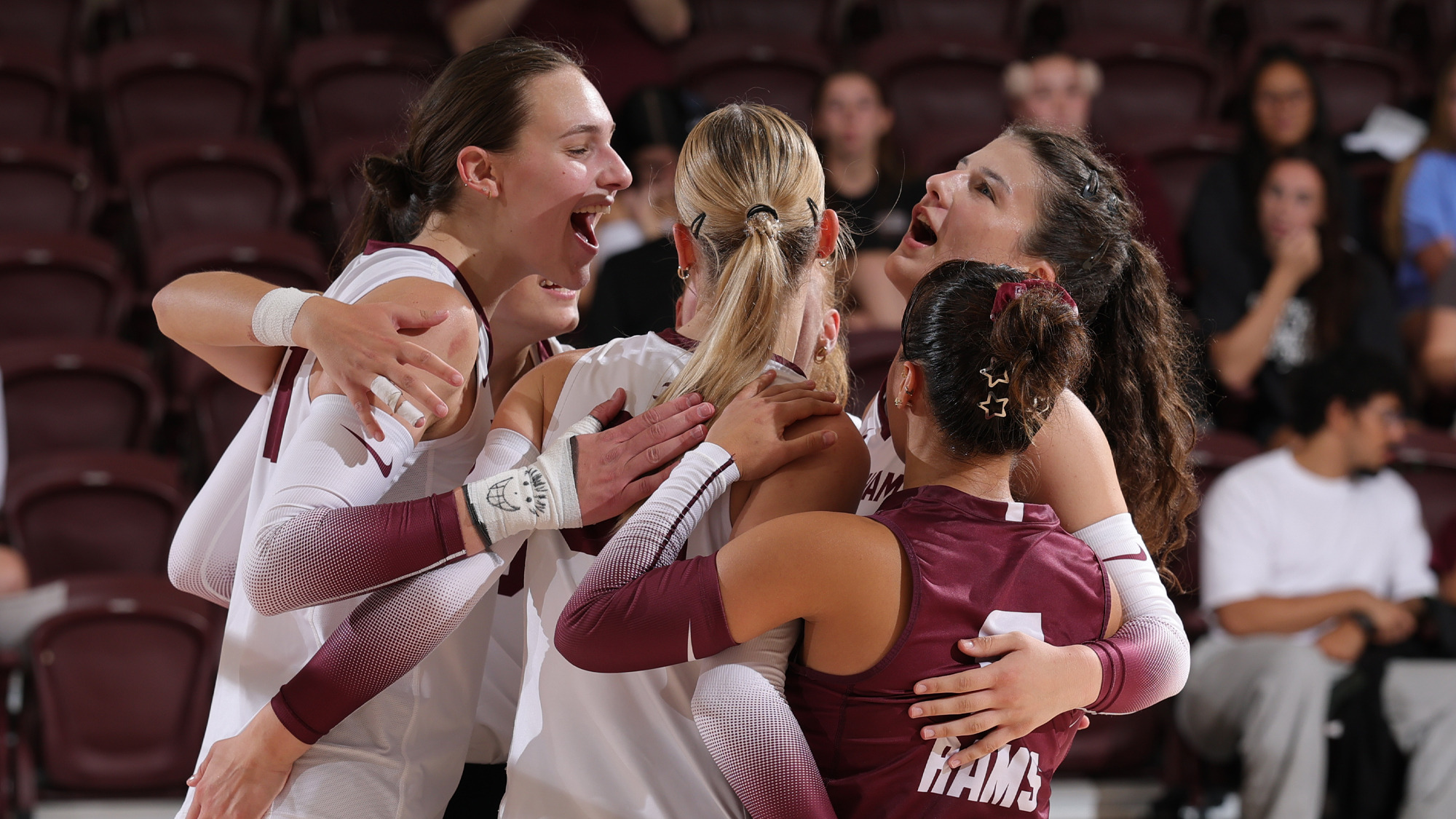 The Rams celebrate a point vs. FDU