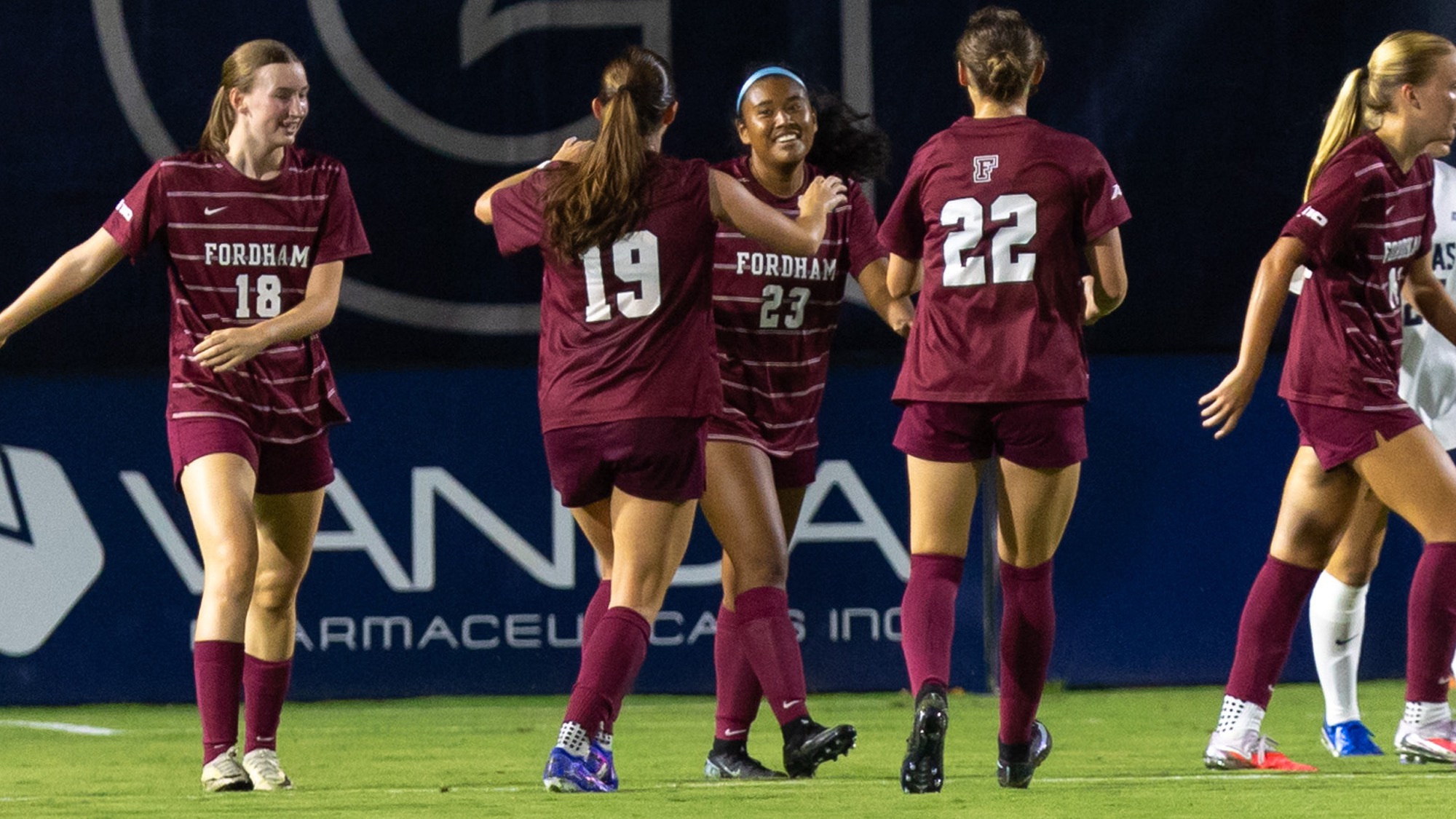 The Rams celebrate a goal at Georgetown