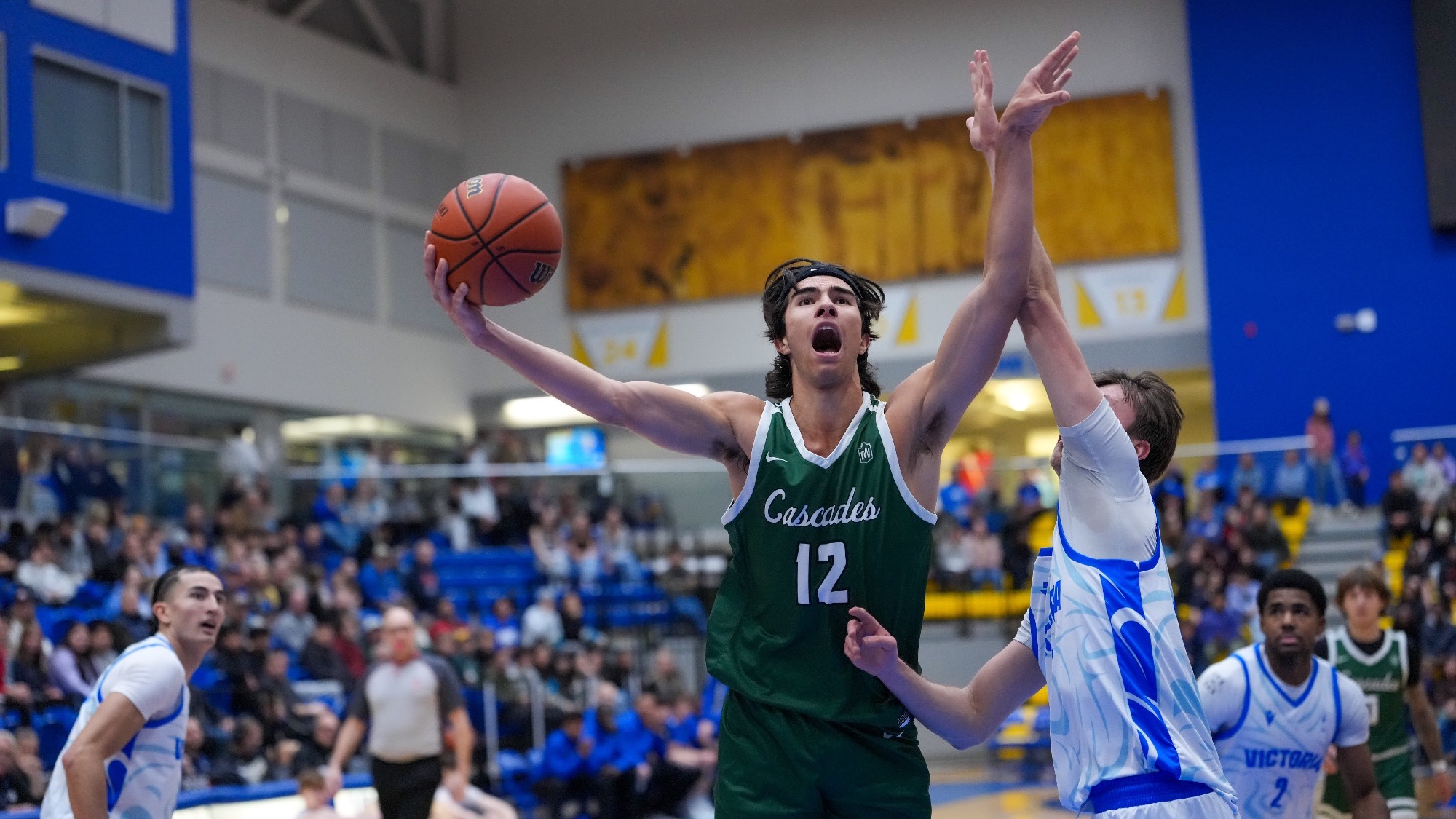 Marcus Flores drives the basket 