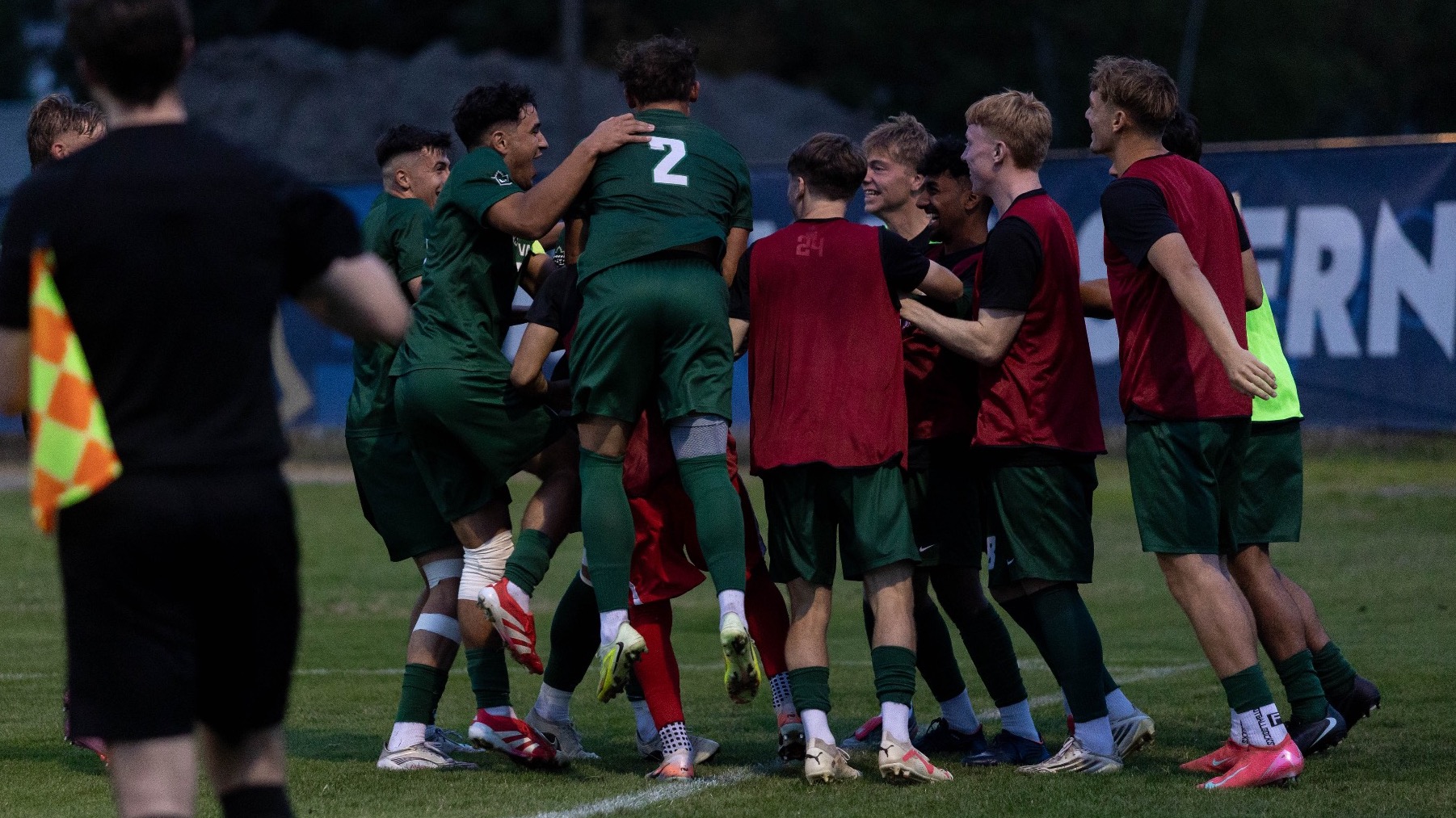 The Cascades celebrate a goal scored by Kyle Torresan at TWU