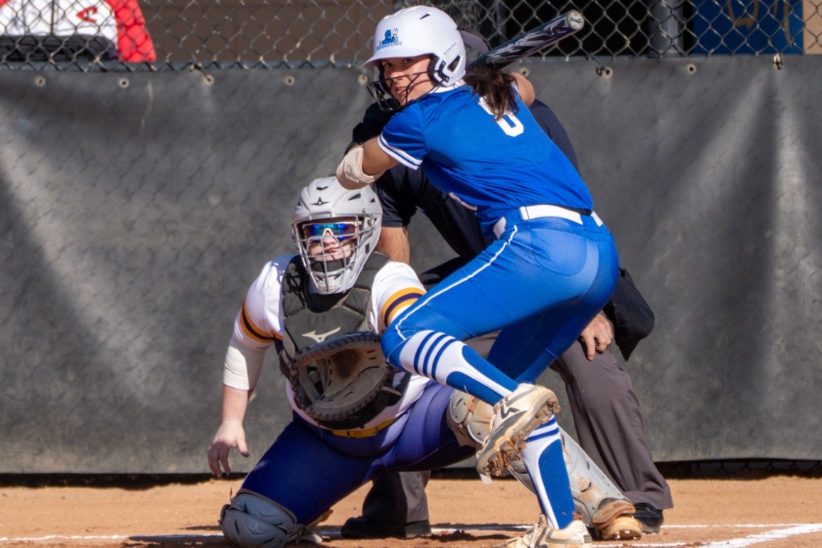 Fredonia State's Madison Lowe prepares to swing during the Blue Devils game Wednesday, March 18, 2026, at Clermont, Fla.