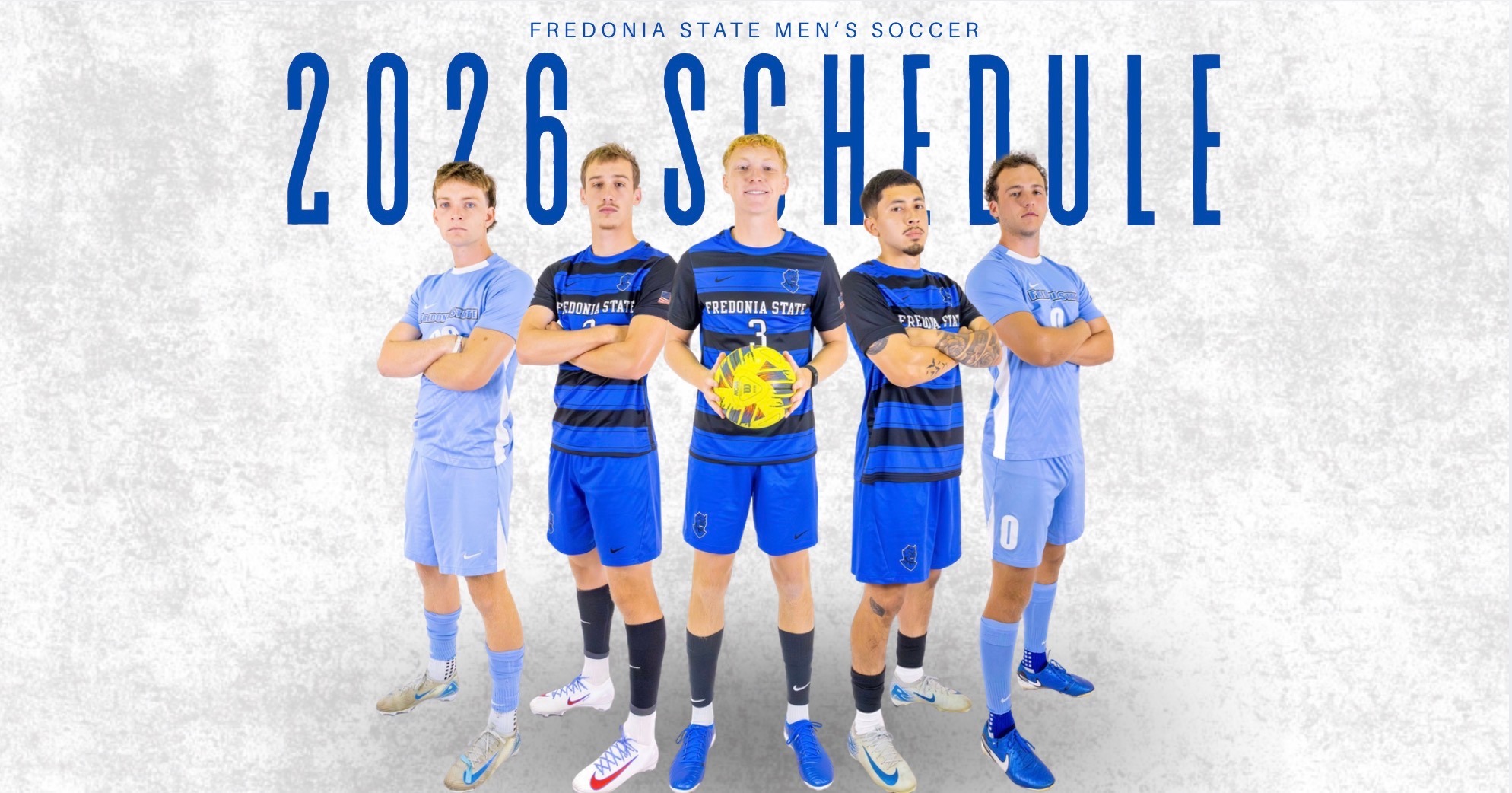 2026 MSOC schedule release graphic with photos of returning senior players