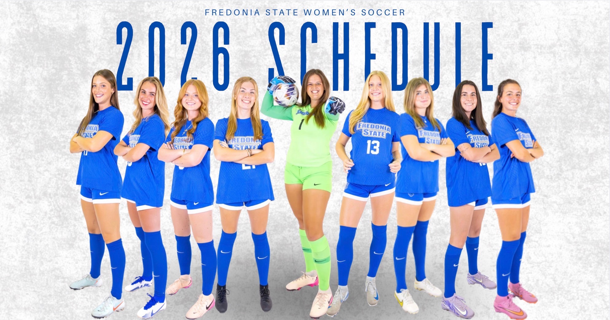 2026 women's soccer schedule release graphic with photos of returning senior players