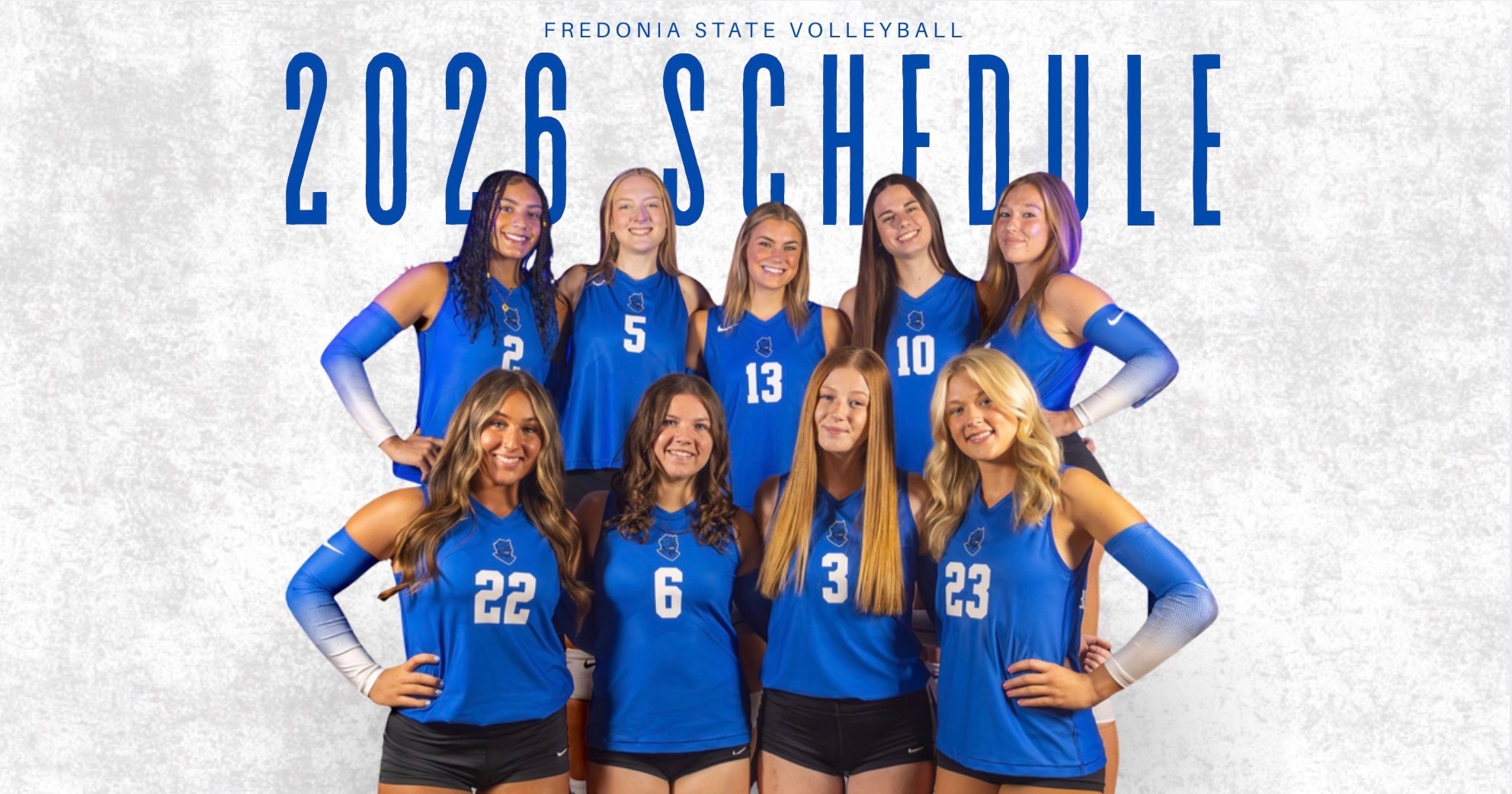 2026 women's volleyball schedule release graphic with photos of returning senior players