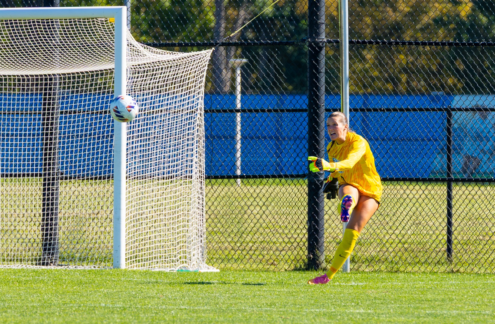 Carissa Shanahan lines up a goal kick during Fredonia State's 1-0 win against Utica