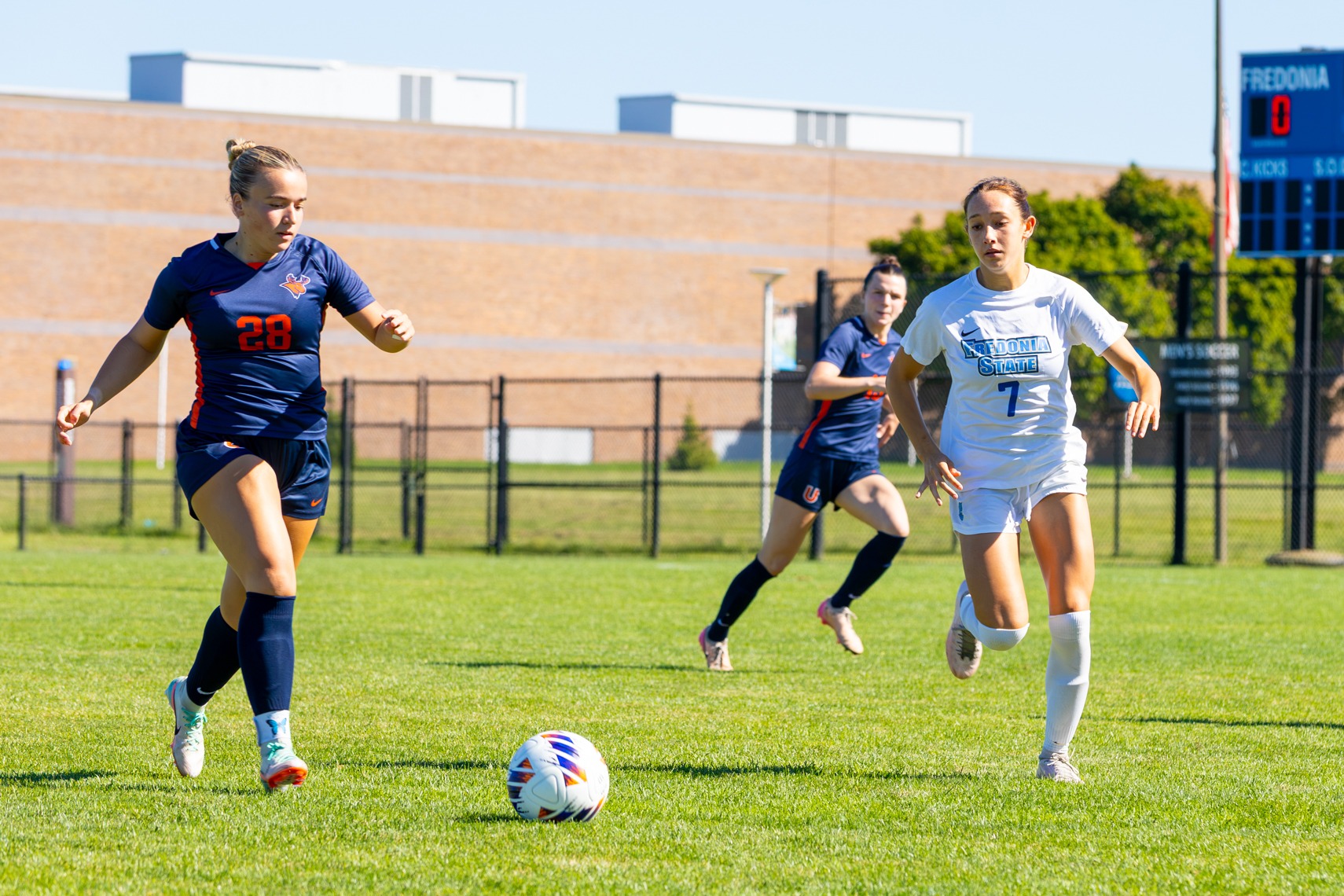 Anna Ratchuk plays the ball during the Fredonia State women's soccer game against Utica