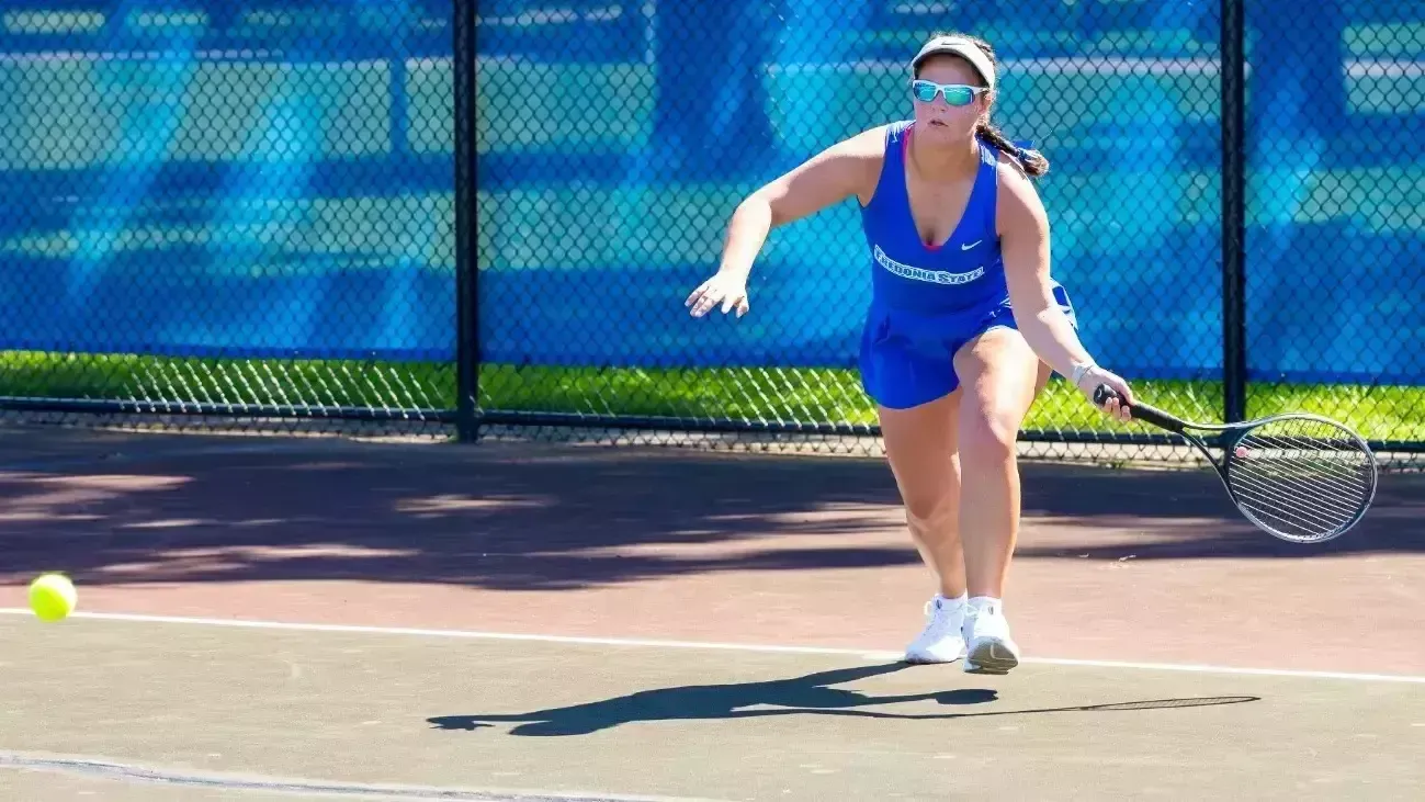 Emily Solazzo returns a short ball with a left-handed ground stroke Sept.  5 vs. Brockport