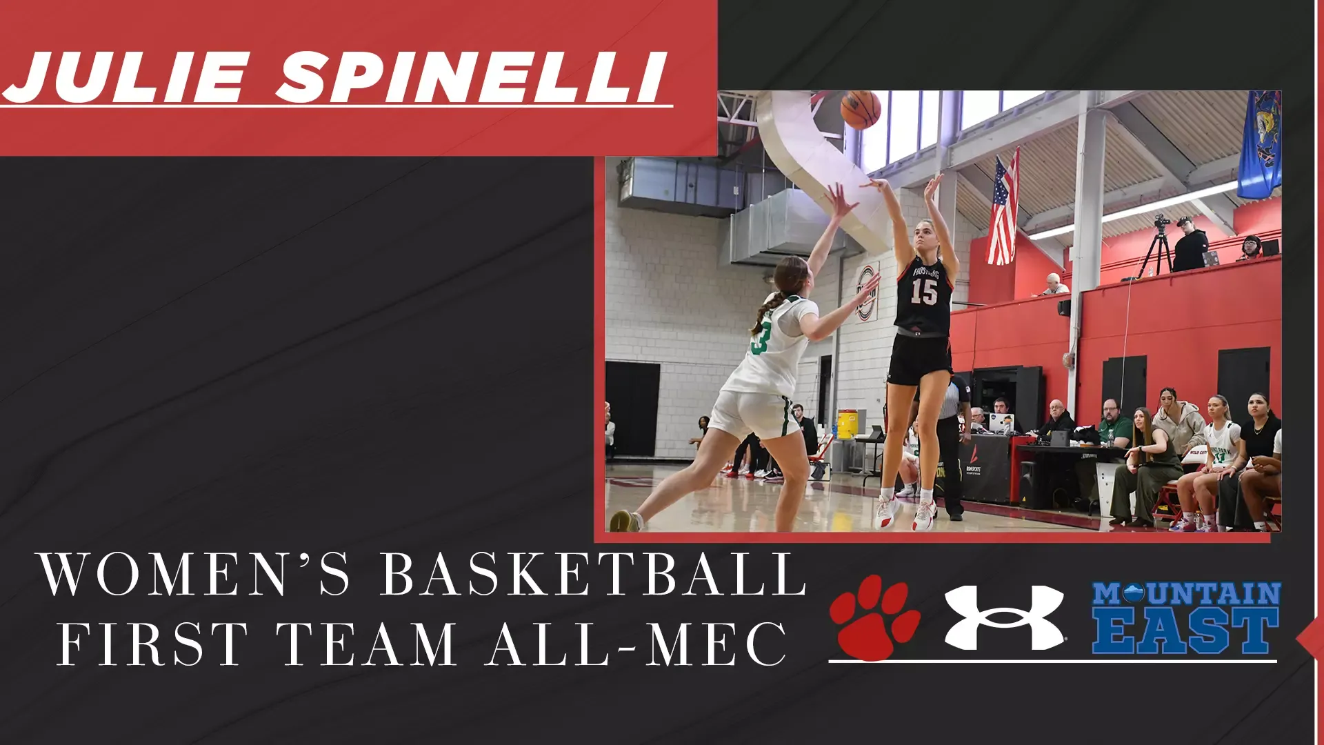 Women's Basketball First Team All-MEC, Julie Spinelli, three-point shot versus Point Park University, sponsored by Under Armour, Frostburg and Mountain East Logo.