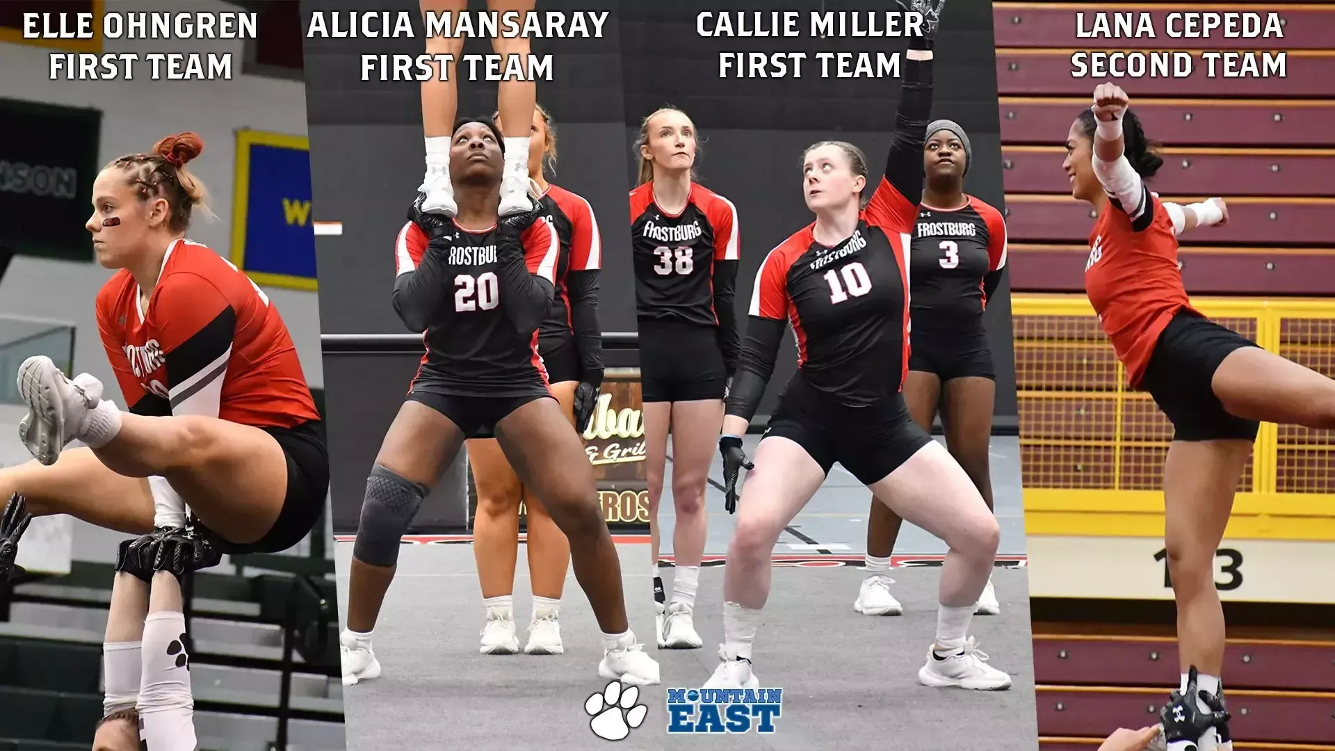 Elle Ohngren, First team, posing at top, Alicia Mansaray, First team, holding base, Callie Miller, First team, stance to catch top, Lana Cepeda, Second team, posing at top. Frostburg and Mountain East Logo.