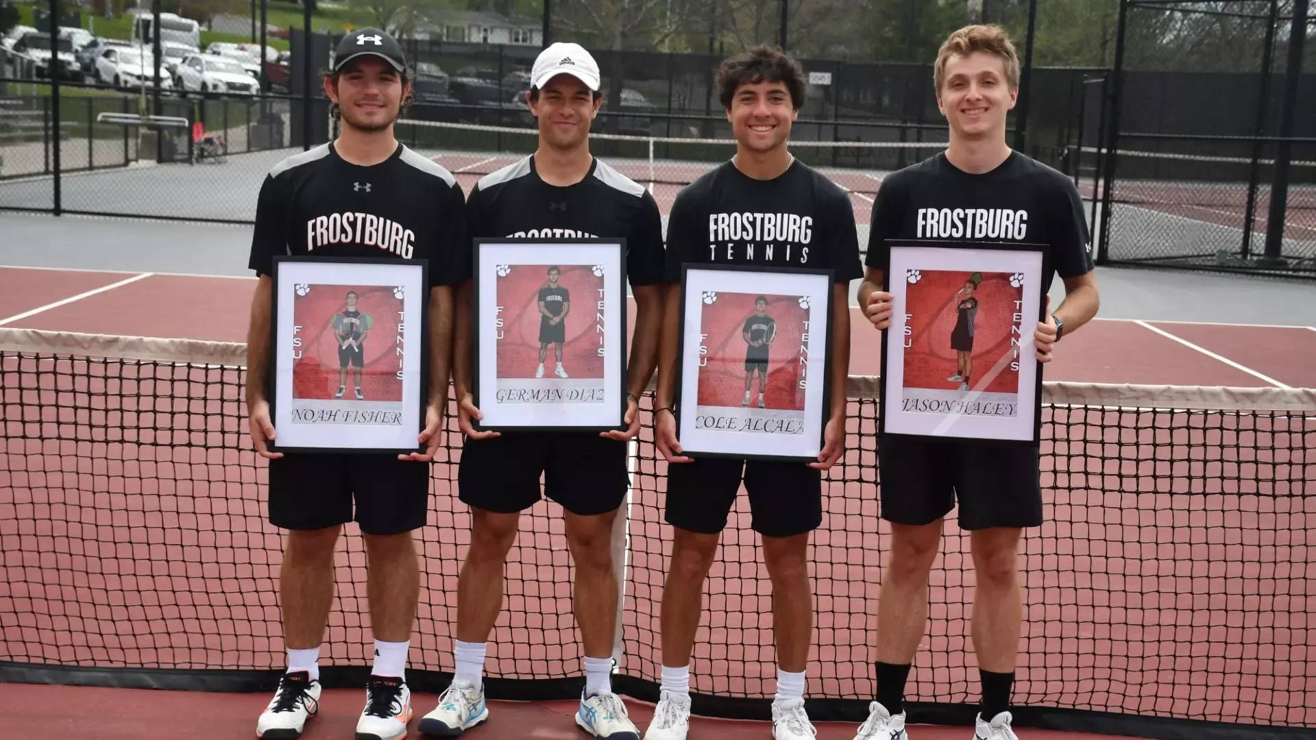 Frostburg men's tennis seniors, from left to right, Noah Fisher, German Diaz, Cole Alcala, Jason Haley.