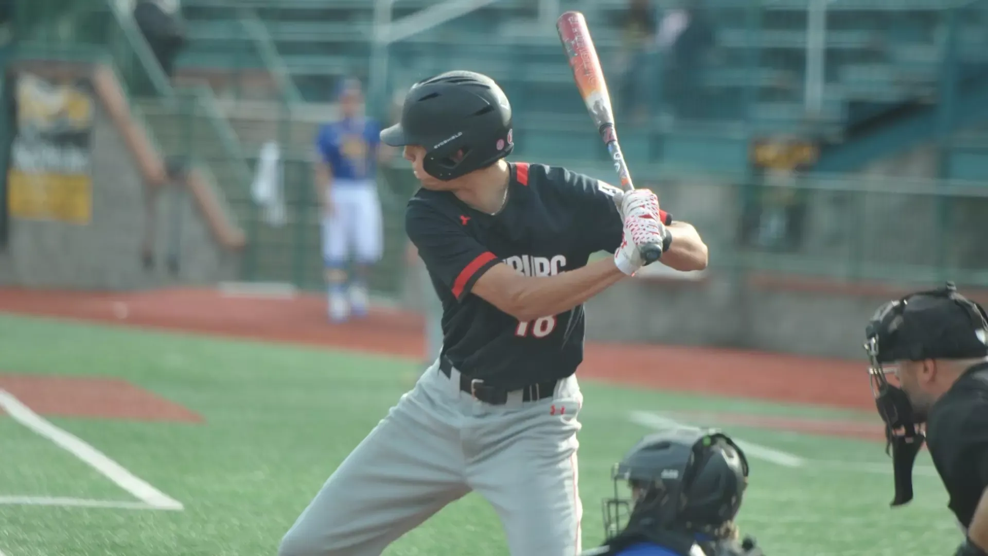 Frostburg baseball player, number 18, Zane Bohn, hitting stance versus University of Pitt-Johnstown.