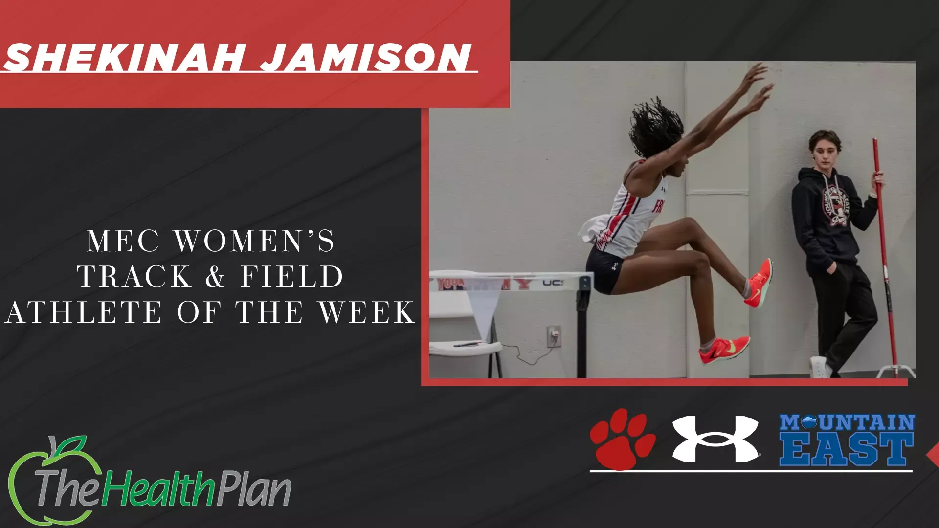 MEC Women's Track and Field Athlete of the Week, Shekinah Jamison, triple jump into sand pit, sponsored by The Health Plan and Under Armour, Frostburg and Mountain East Logo.