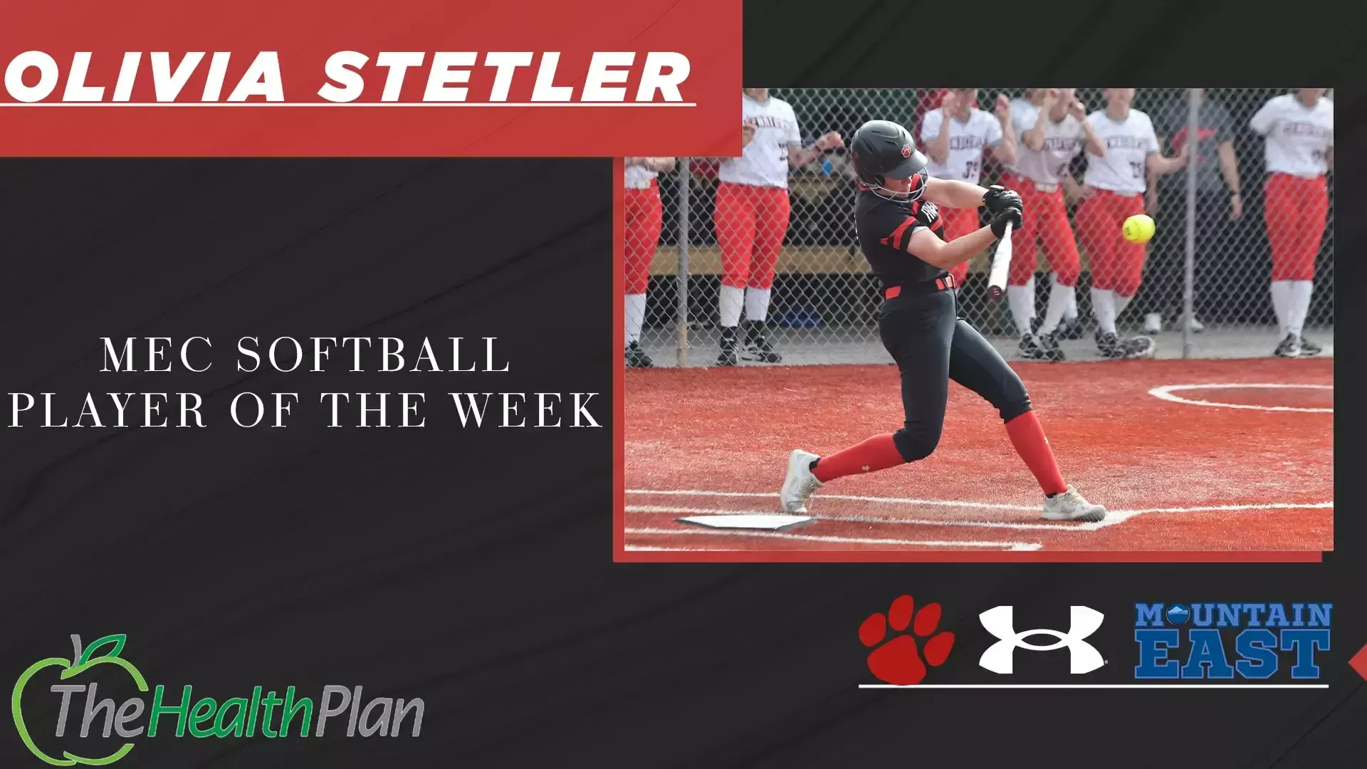 MEC Softball Player of the Week, number 16, Olivia Stetler, bat swing at home plate, sponsored by The Health Plan and Under Armour, Frostburg and Mountain East Logo.