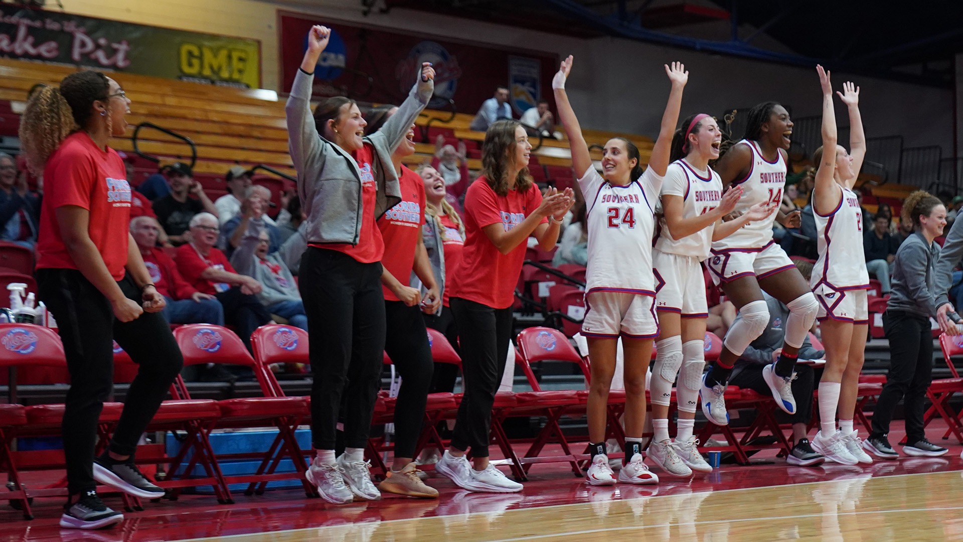 Women's Basketball Bench Cheering when Sydney Hits triple-double