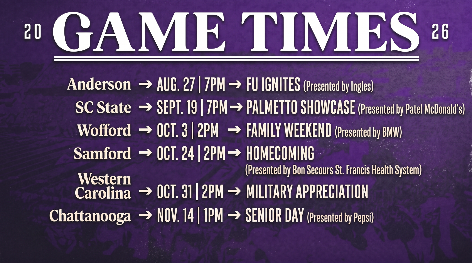 Kickoff Times, Promotions for 2026