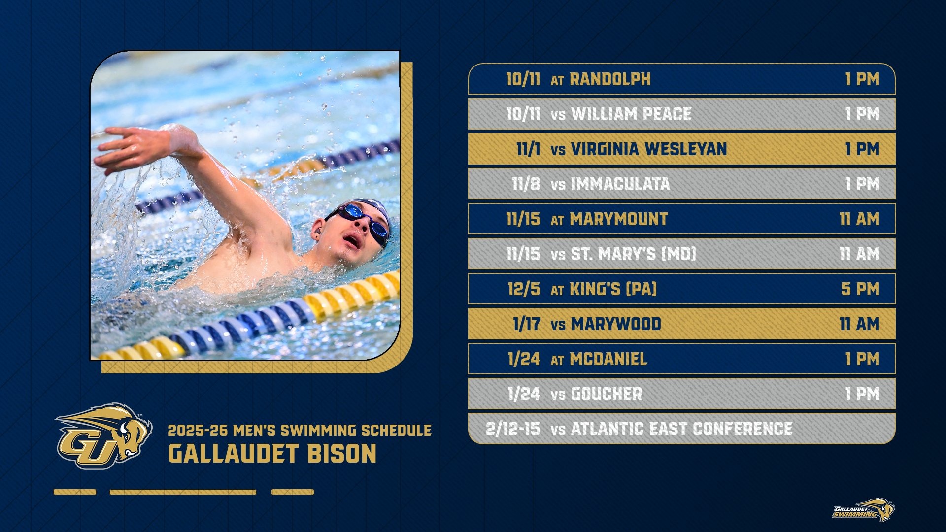 2025-26 Gallaudet University Men's Swimming Schedule with the different dates and opponents the Bison will face in the 2025-26 season.