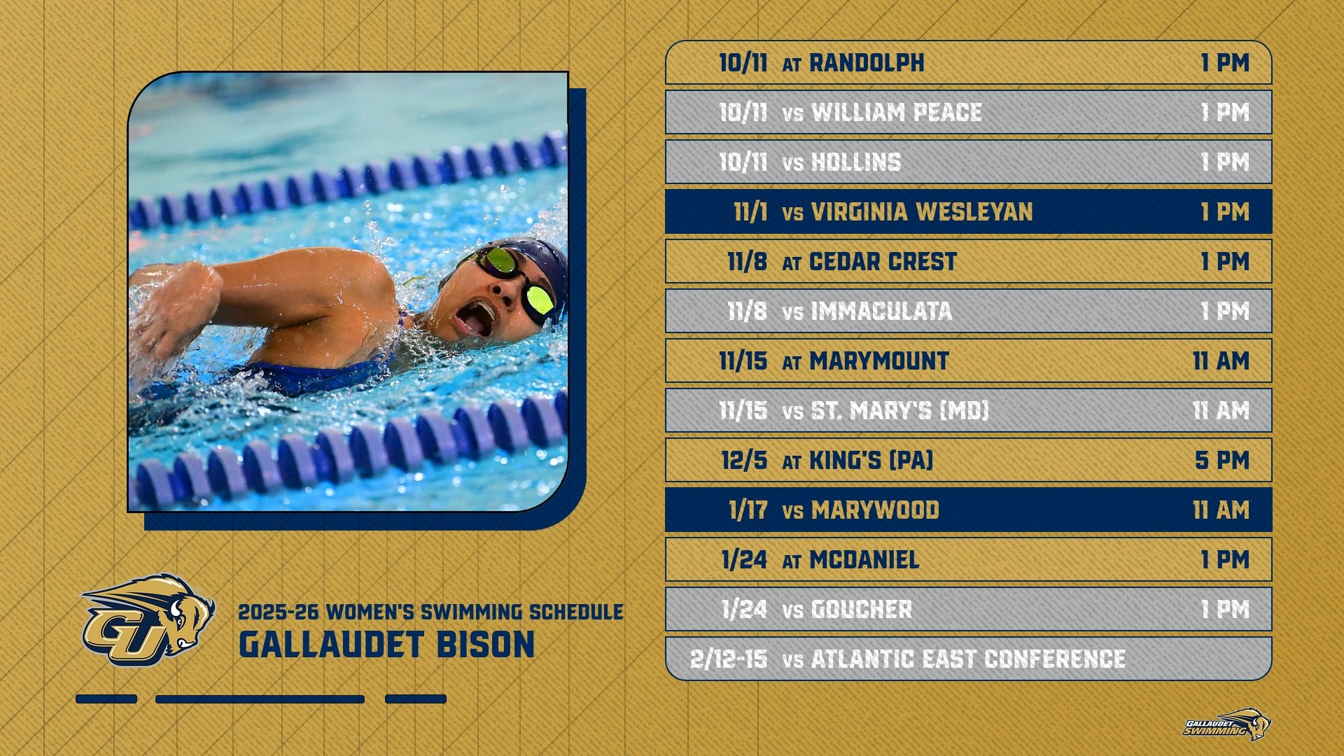 2025-26 Gallaudet University Women's Swimming Schedule with the different dates and opponents the Bison will face in the 2025-26 season.