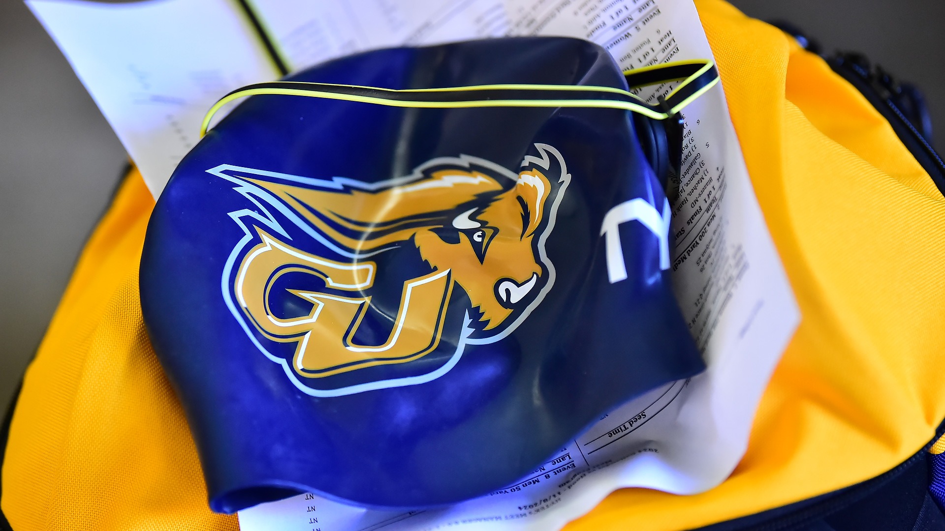 Gallaudet swimming cap on a stack of papers. 