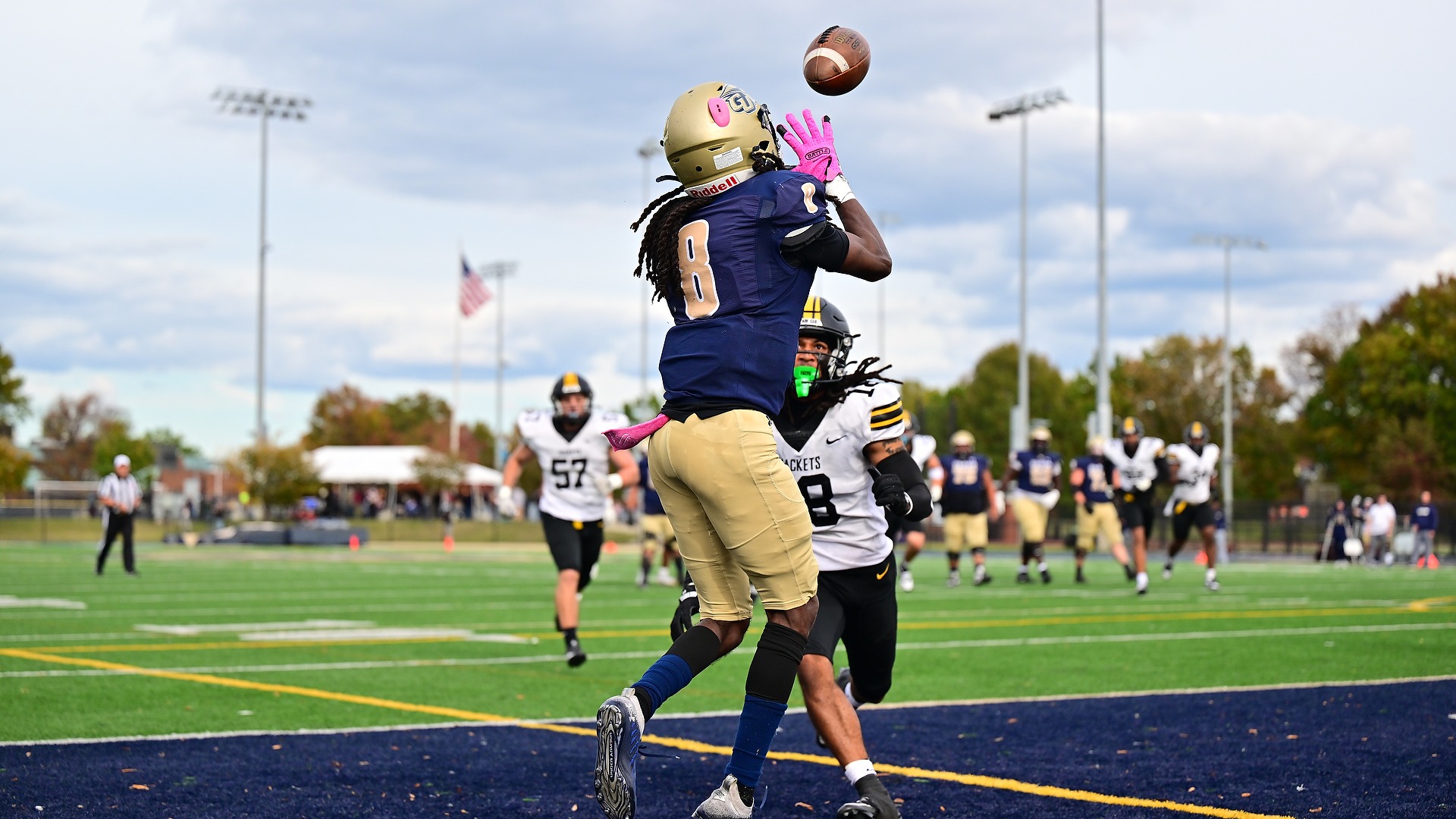 Gallaudet football wideout Andrae' Green catches a touchdown pass on Homecoming Day as the Bison play host to Randolph-Macon on a sunny afternoon.
