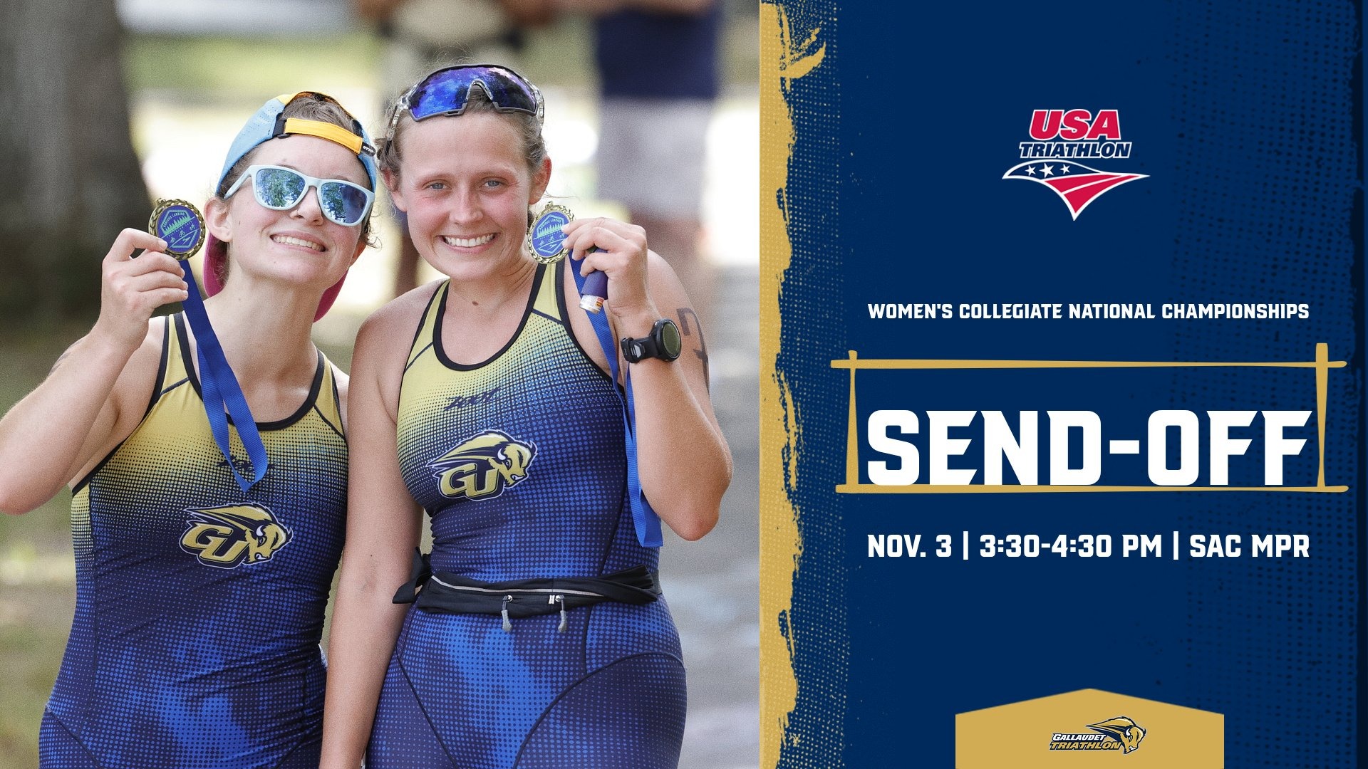 Gallaudet women's triathletes hold up their medals after completing an event during the Fall 2025.