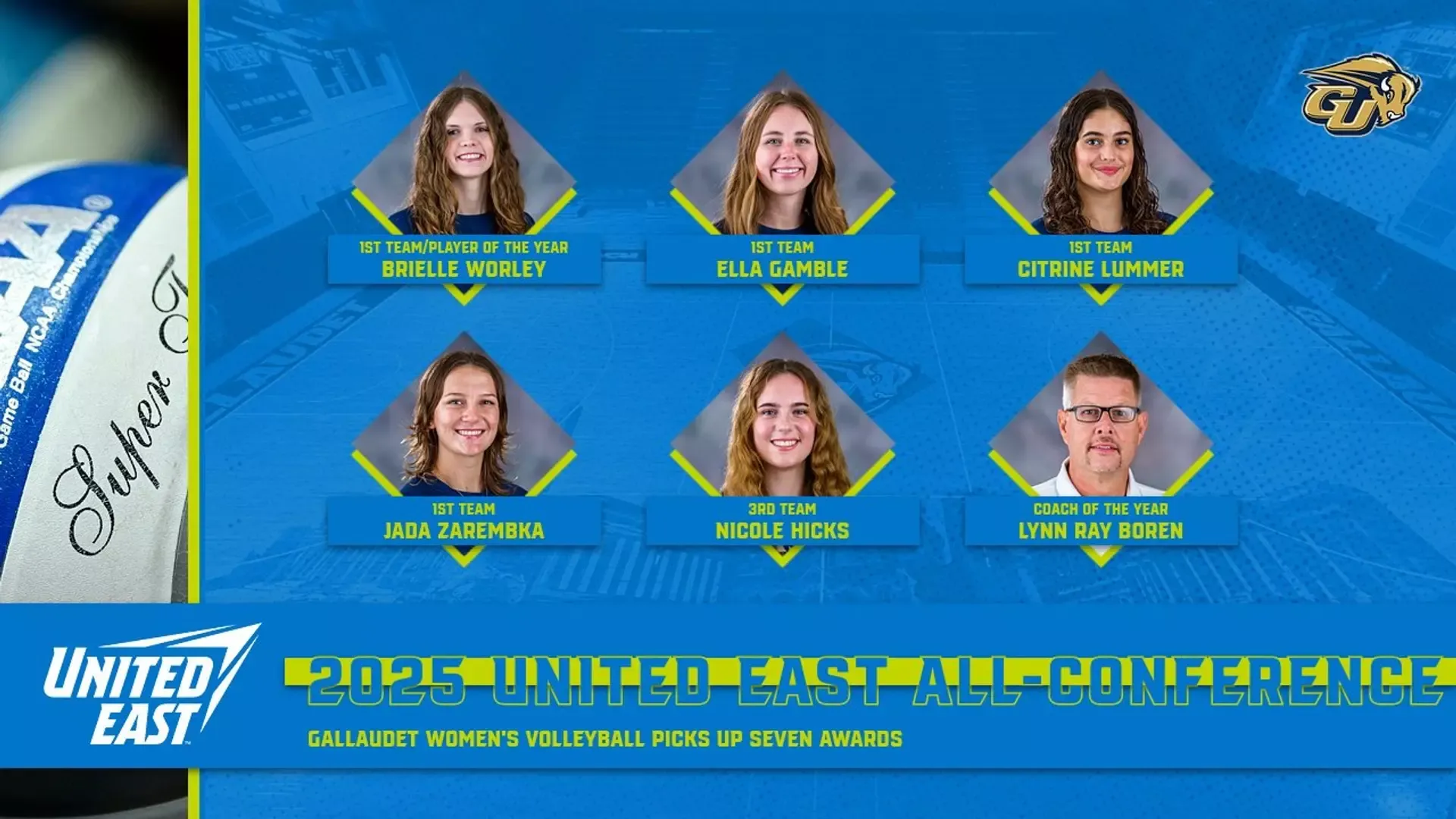 2025 United East All-Conference Women's Volleyball Graphic showing the headshots of five Bison players and Coach Lynn Ray Boren. The players featured are Brielle Worley, Ella Gamble, Citrine Lummer, Jada Zarembka and Nicole Hicks.