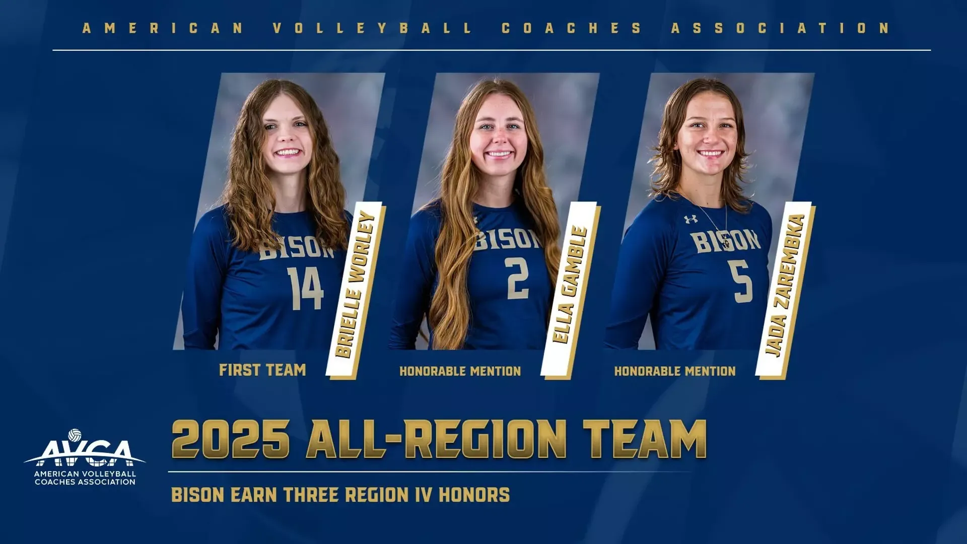 2025 AVCA All-Region graphic for Gallaudet University Women's Volleyball. Pictured left to right is Brielle Worley, Ella Gamble, Jada Zarembka.