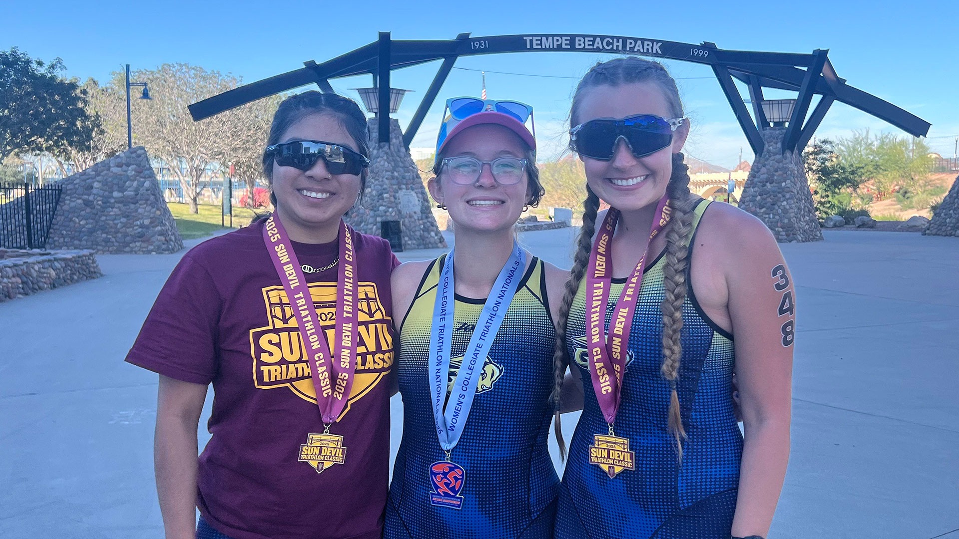 Gallaudet triathletes at the 2025 nationals from left to right; Jasmine Jimenez Lara, Ashley Corcoran, Alecia Miller in Arizona.